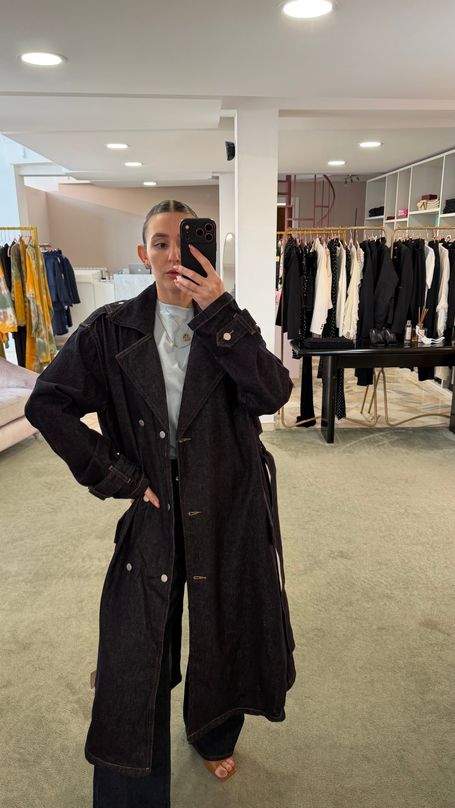 Trench lungo in jeans blu scuro gl