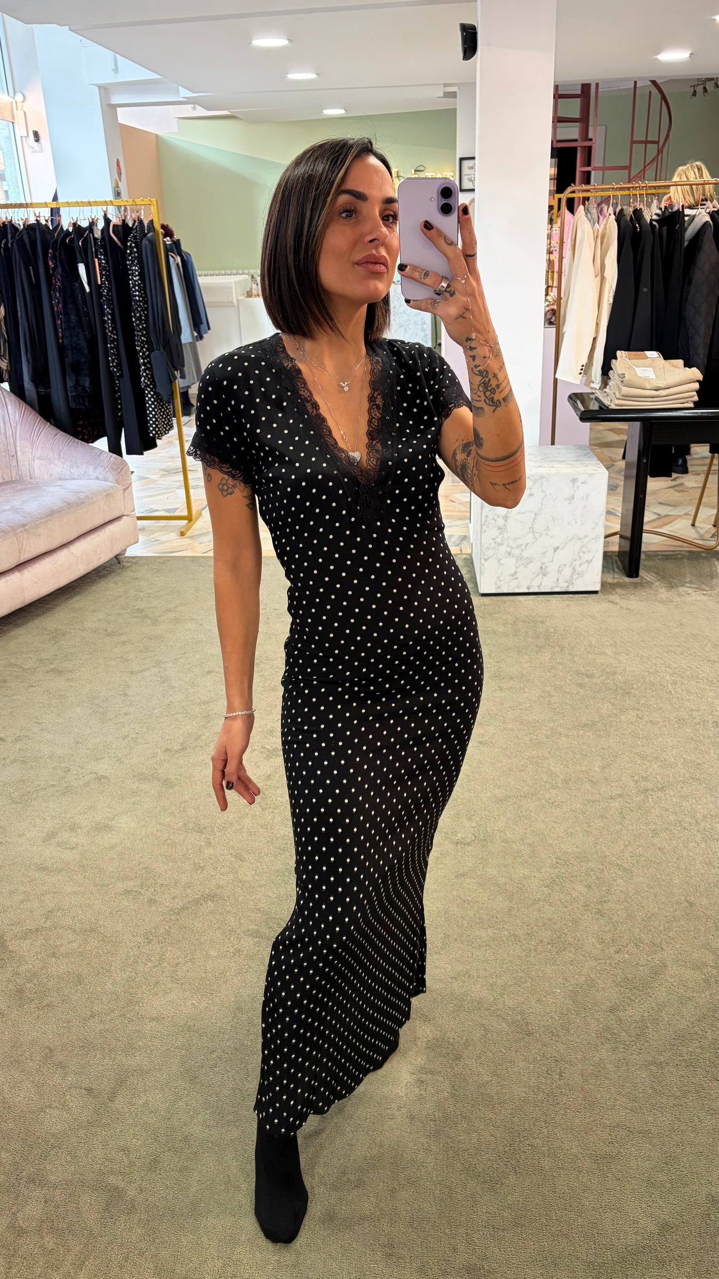 Abito raya midi MAR DE MARGARITAS nero a pois con pizzo