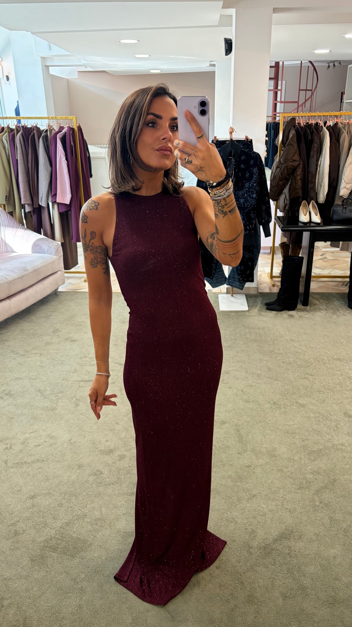 Abito lungo bordeaux lurex scollo all'americana ks