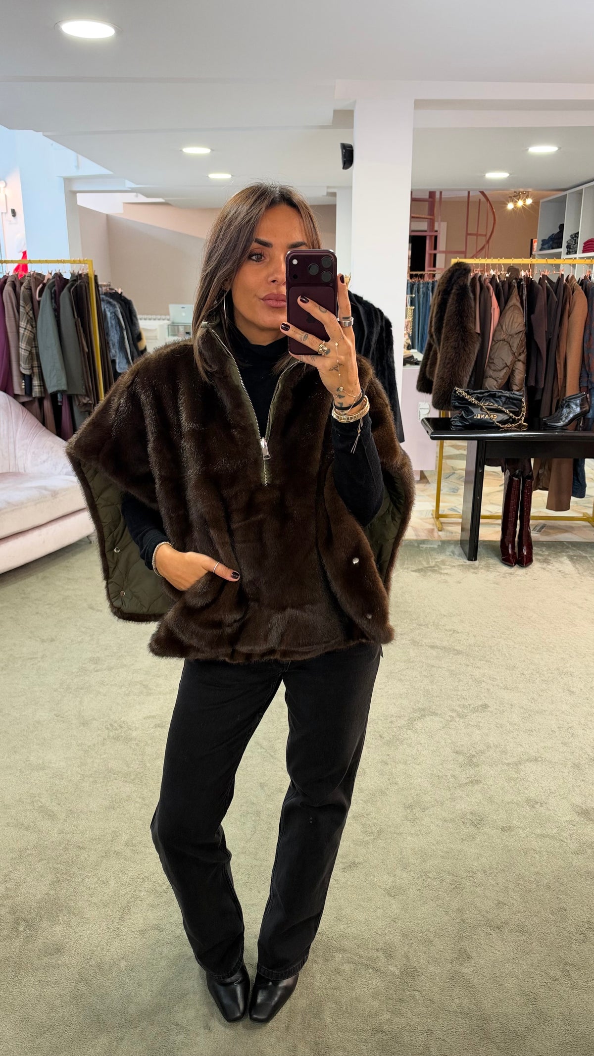 Cappa verde militare reversibile con eco pelliccia marrone sp