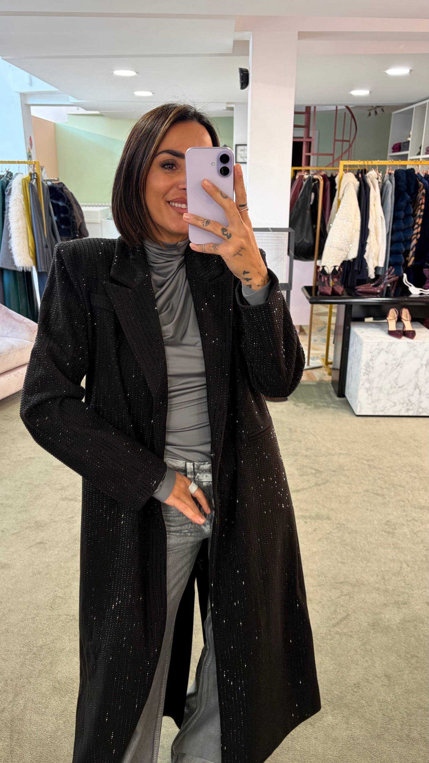 Cappotto lungo nero cristalli tw