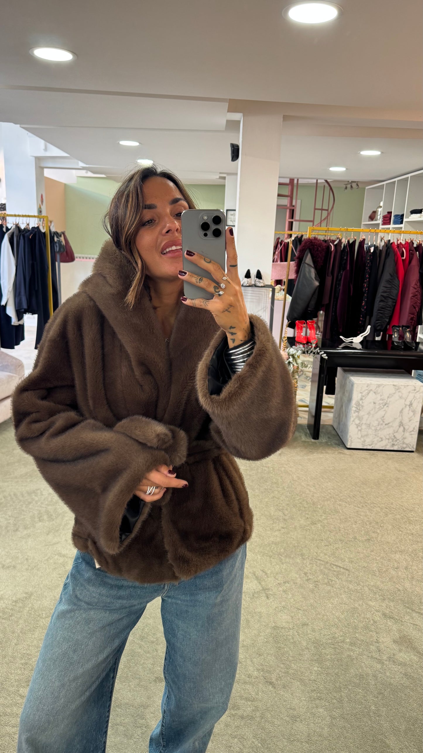 Pelliccia eco marrone luxury con cappuccio ys