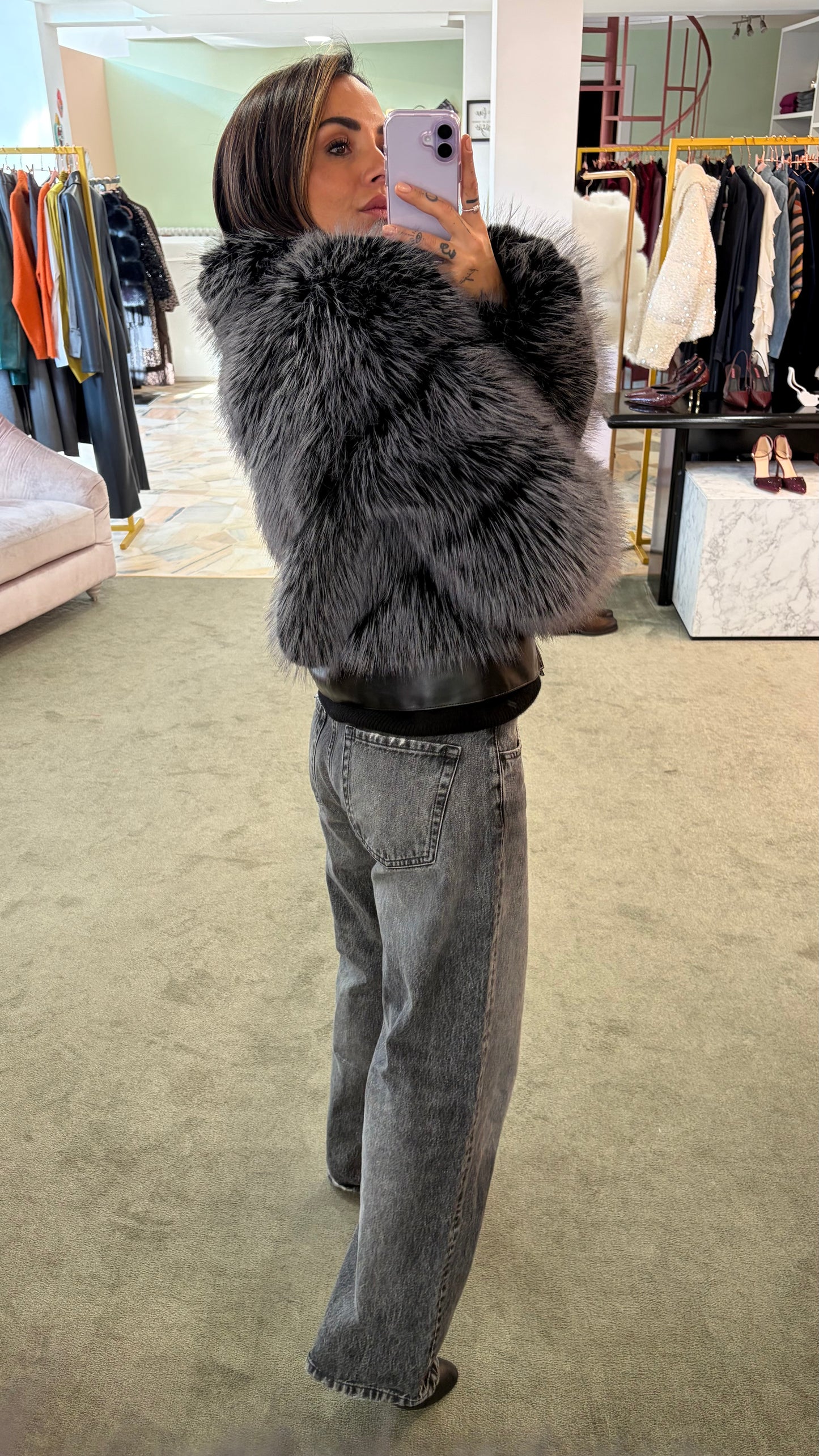 Bomber in pelliccia eco grigio luxury effetto fox un