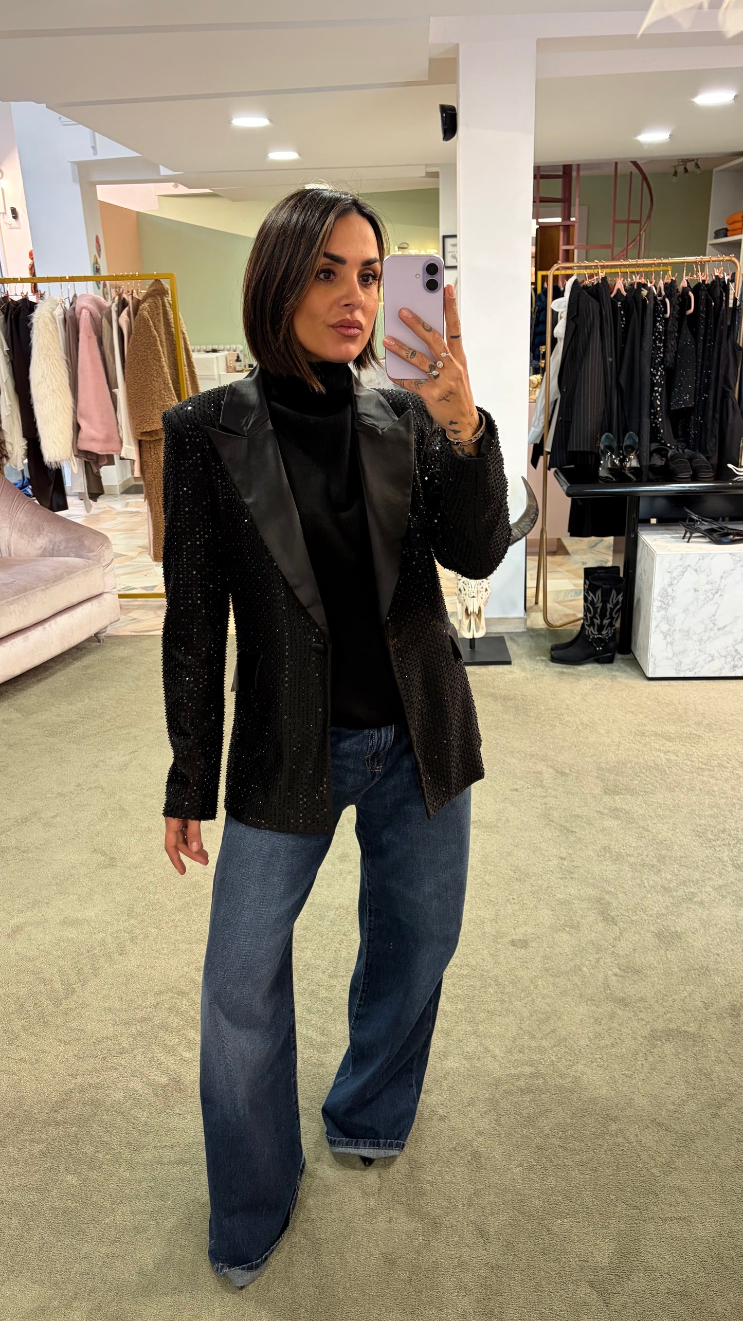 Blazer nero crystal con rever in raso fr