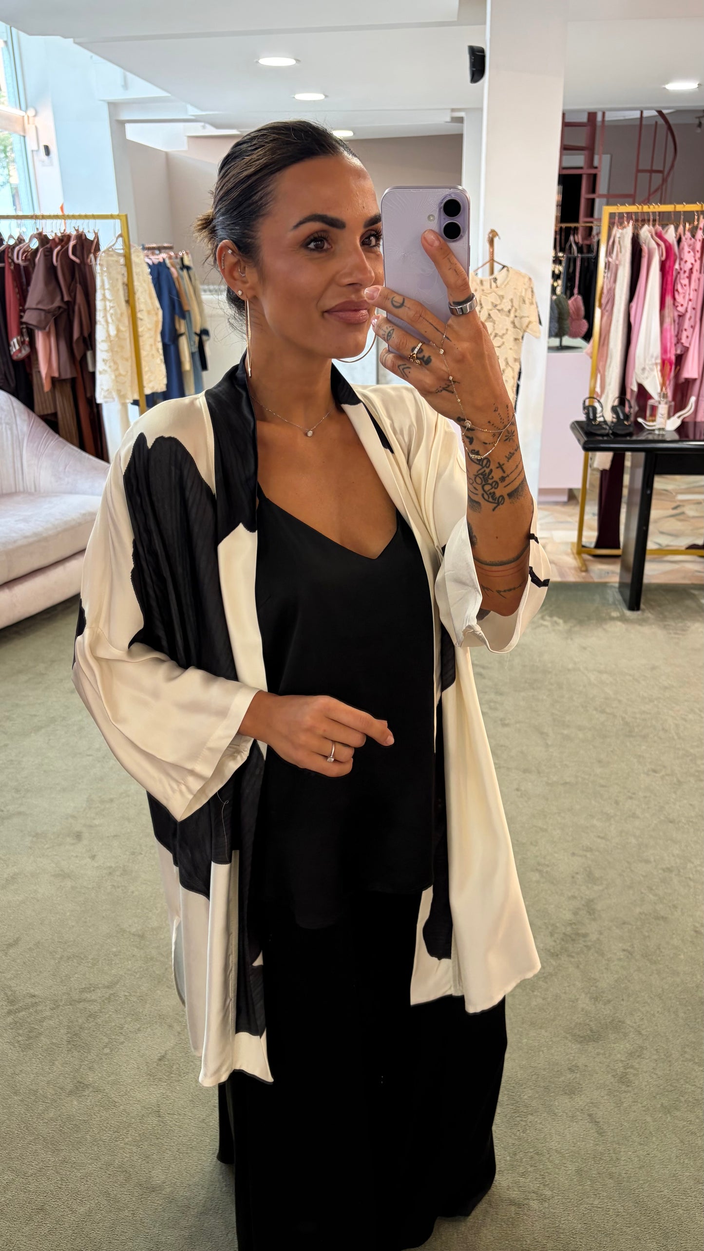 Kimono panna fantasia foglie nere ay