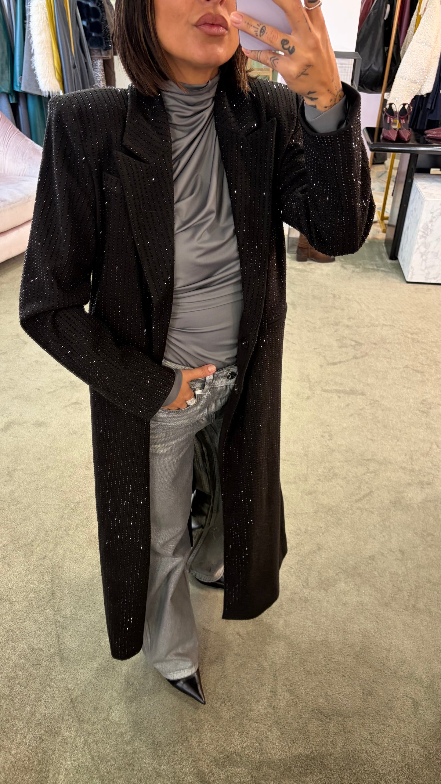 Cappotto lungo nero cristalli tw