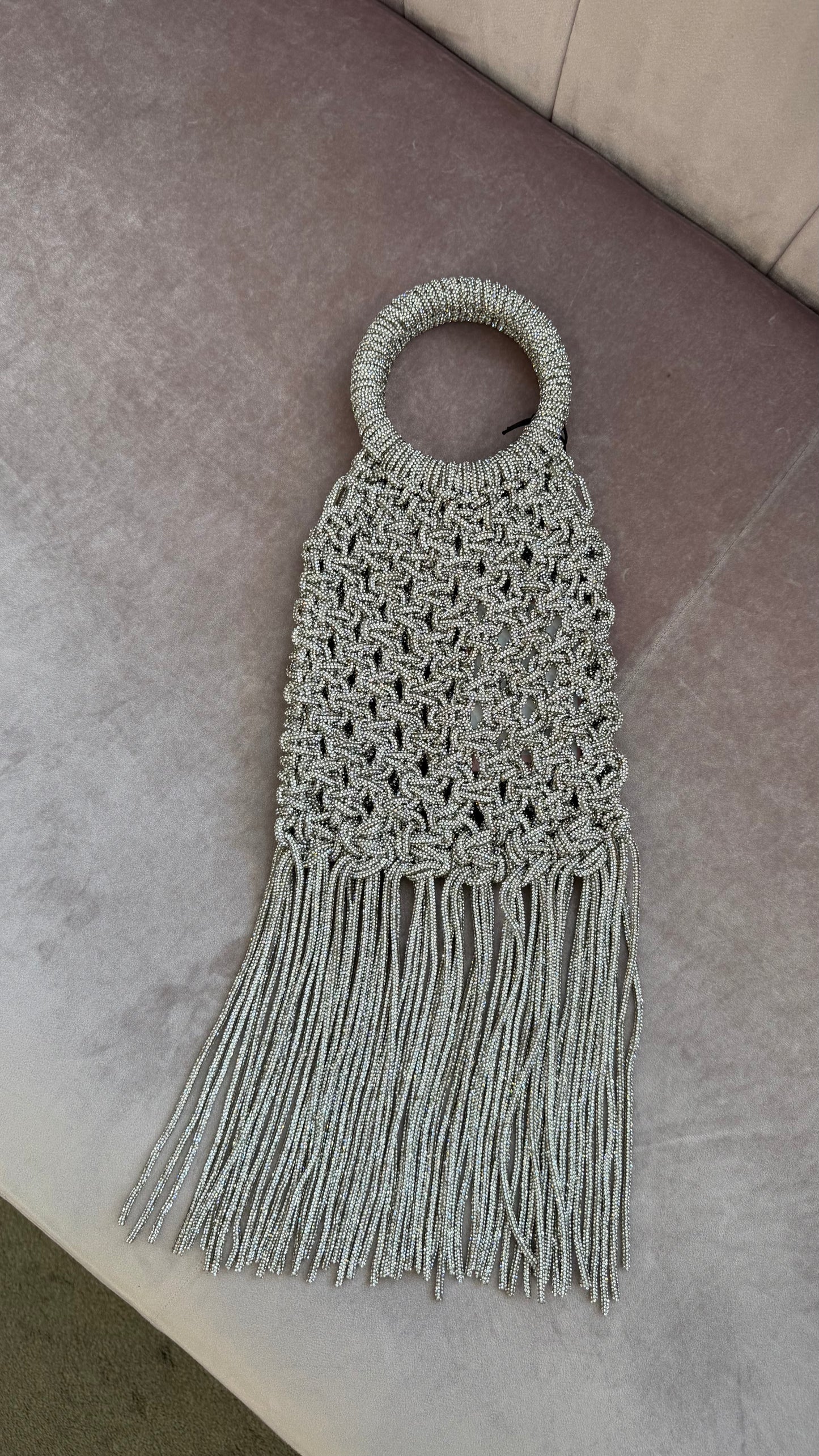 Borsa argento crystal con nodi e frange