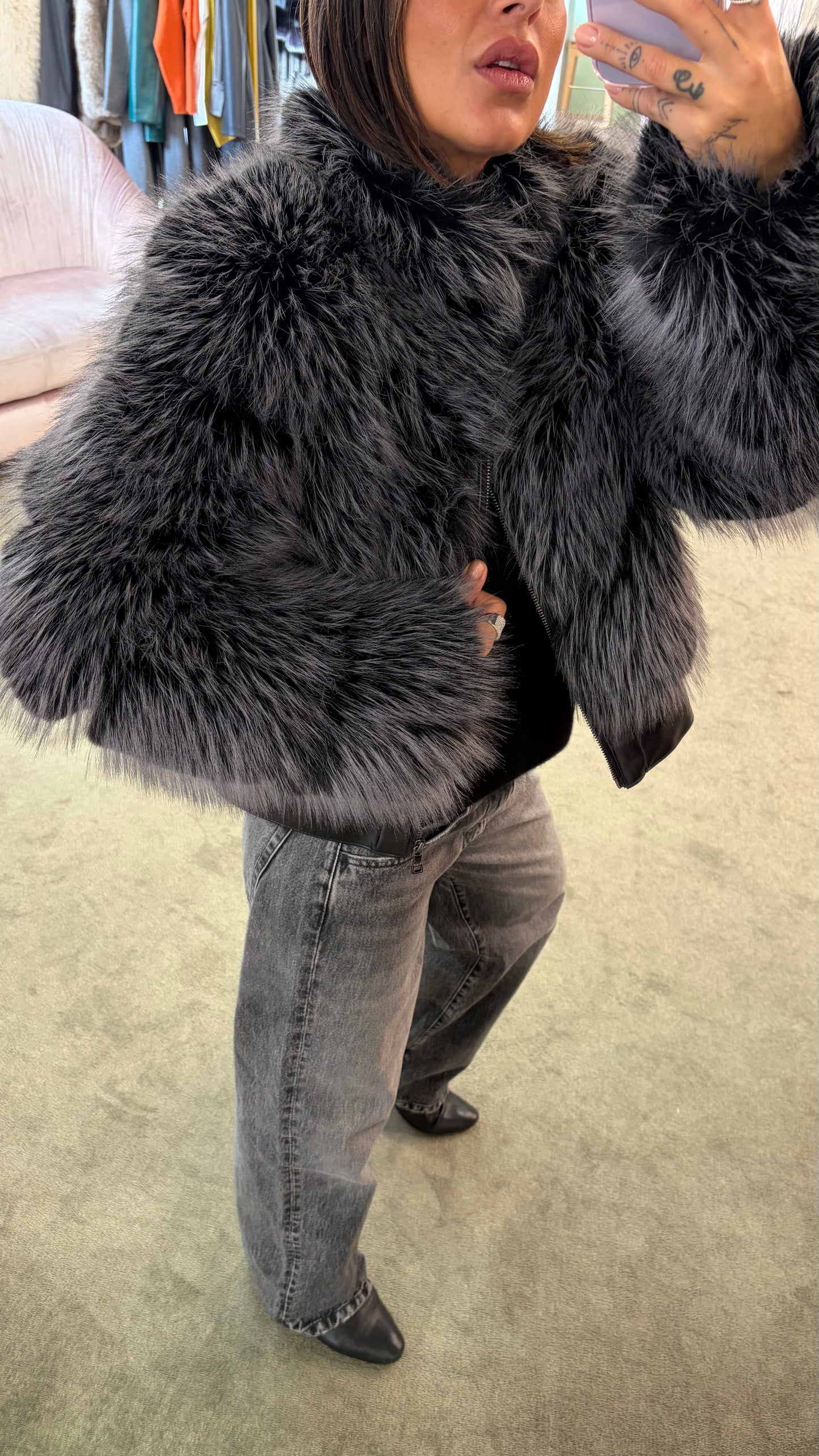 Bomber in pelliccia eco grigio luxury effetto fox un