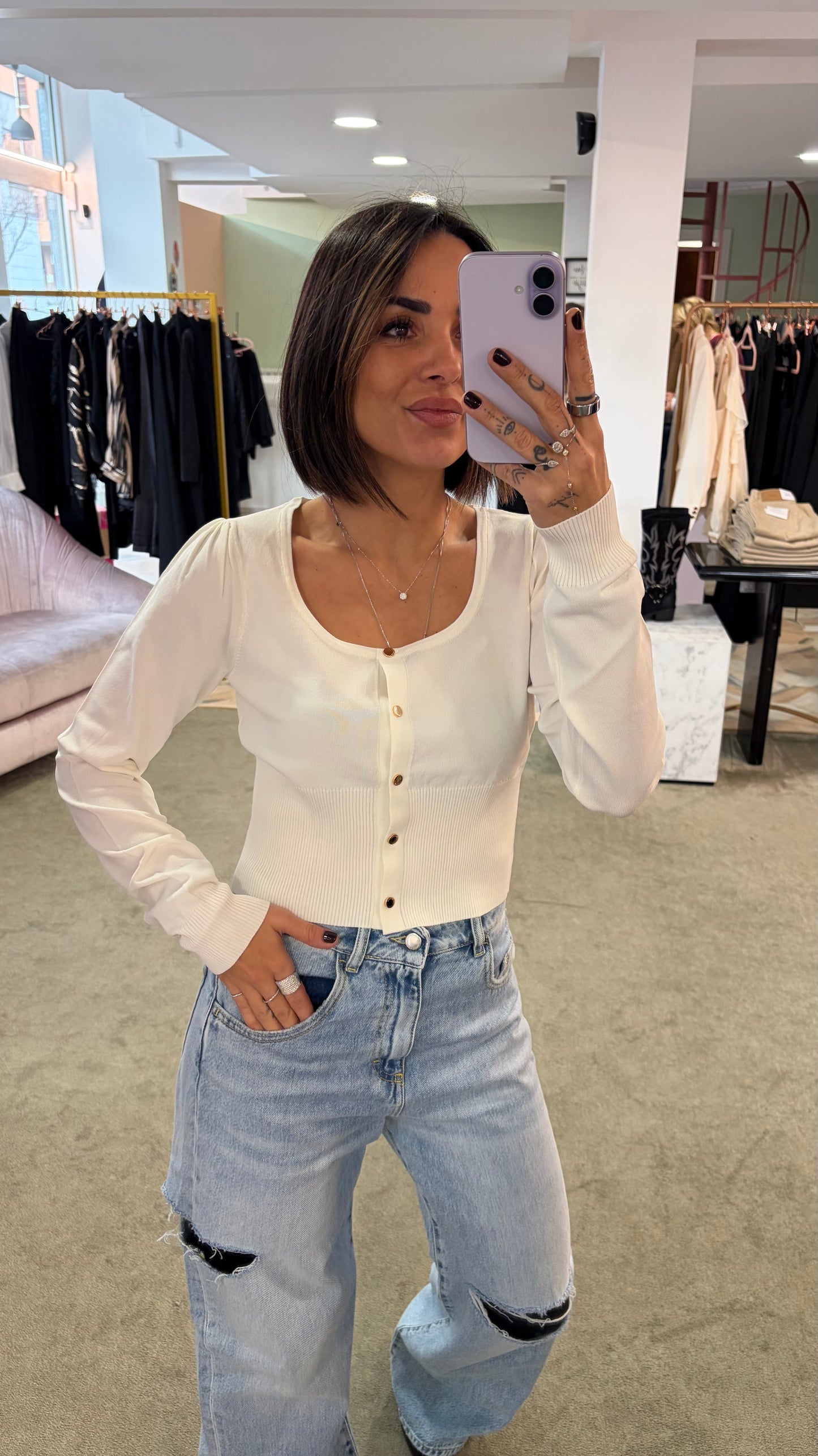 Cardigan mini bianco panna scollo squadrato fr