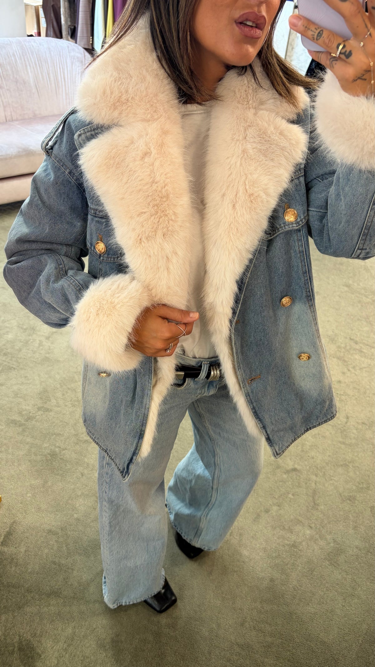 Giacca in denim con ecopelliccia panna fr