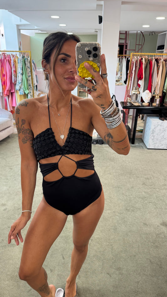 Costume intero in maglia a rete nero lurex Cotazur