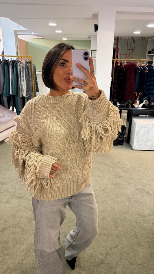 Maglione beige losanghe e manica con frange gl