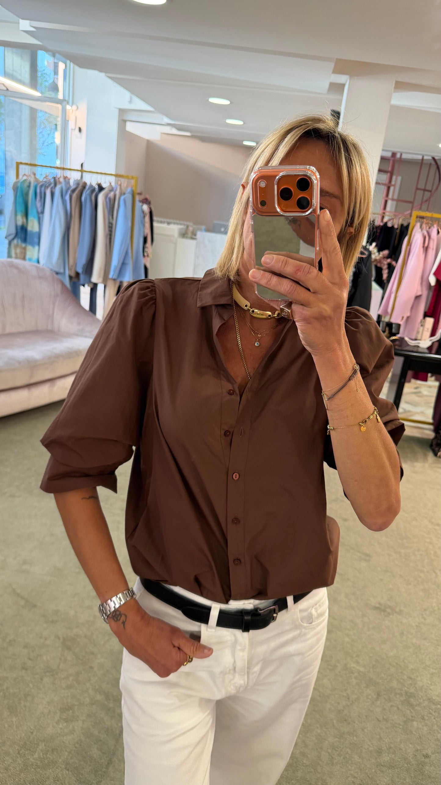 Camicia cioccolato manica a sbuffo 3/4 sy