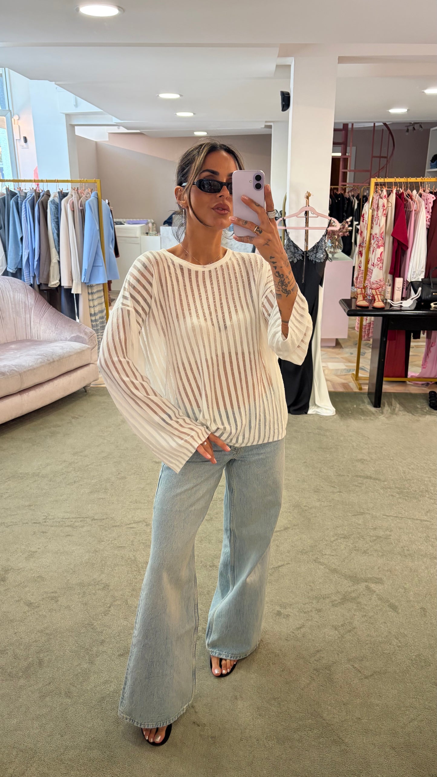 Maglia bianca maniche lunghe a righe trasparente bj