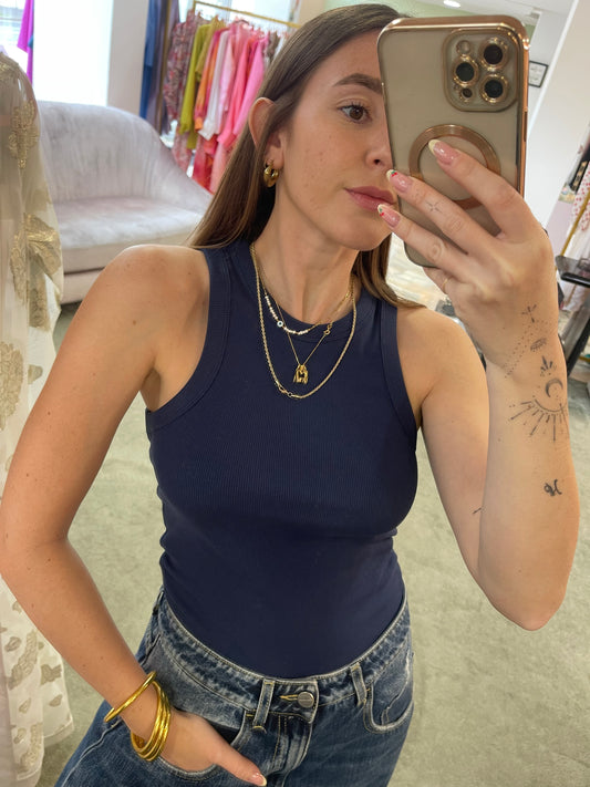 Canotta blu navy a costine scollo all'americana jx
