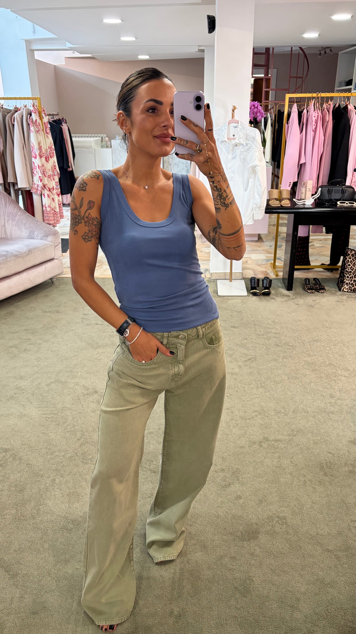 Canotta azzurro denim scollo tondo in viscosa ks