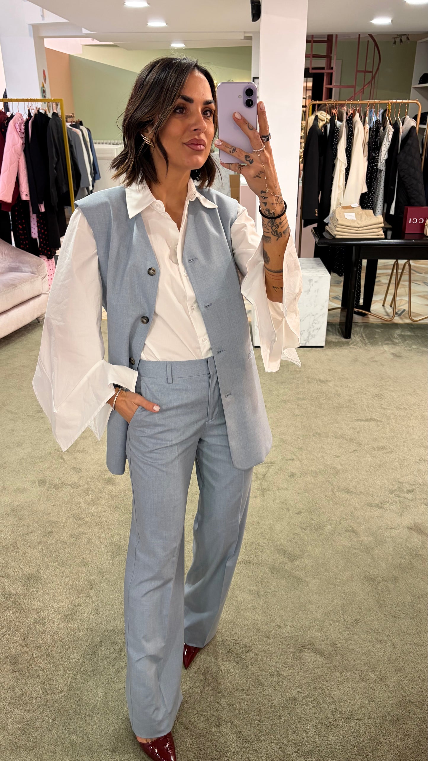 Gilet lungo azzurro effetto blazer con cinturina sl