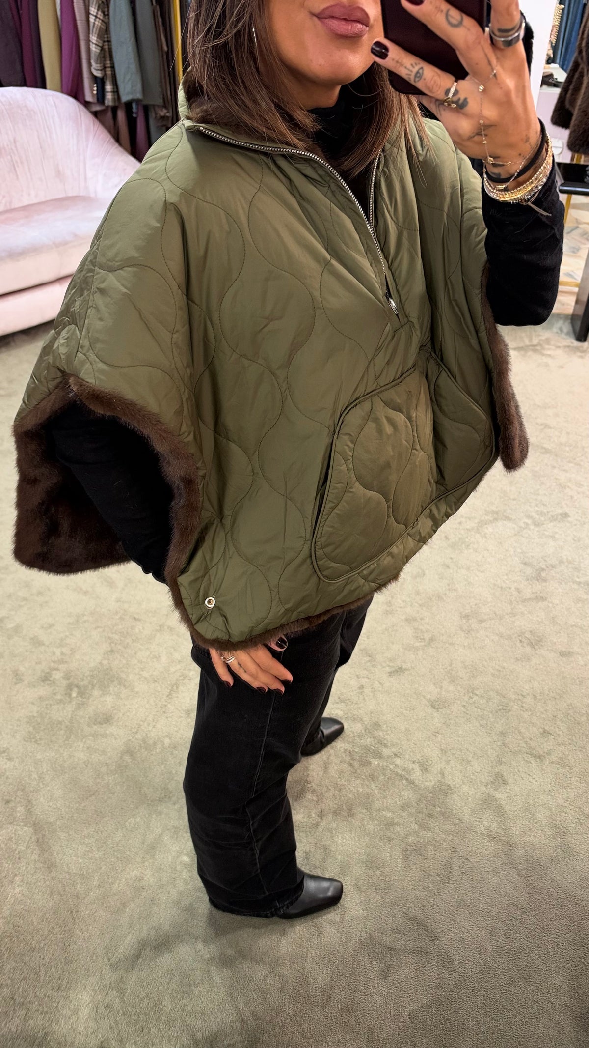 Cappa verde militare reversibile con eco pelliccia marrone sp