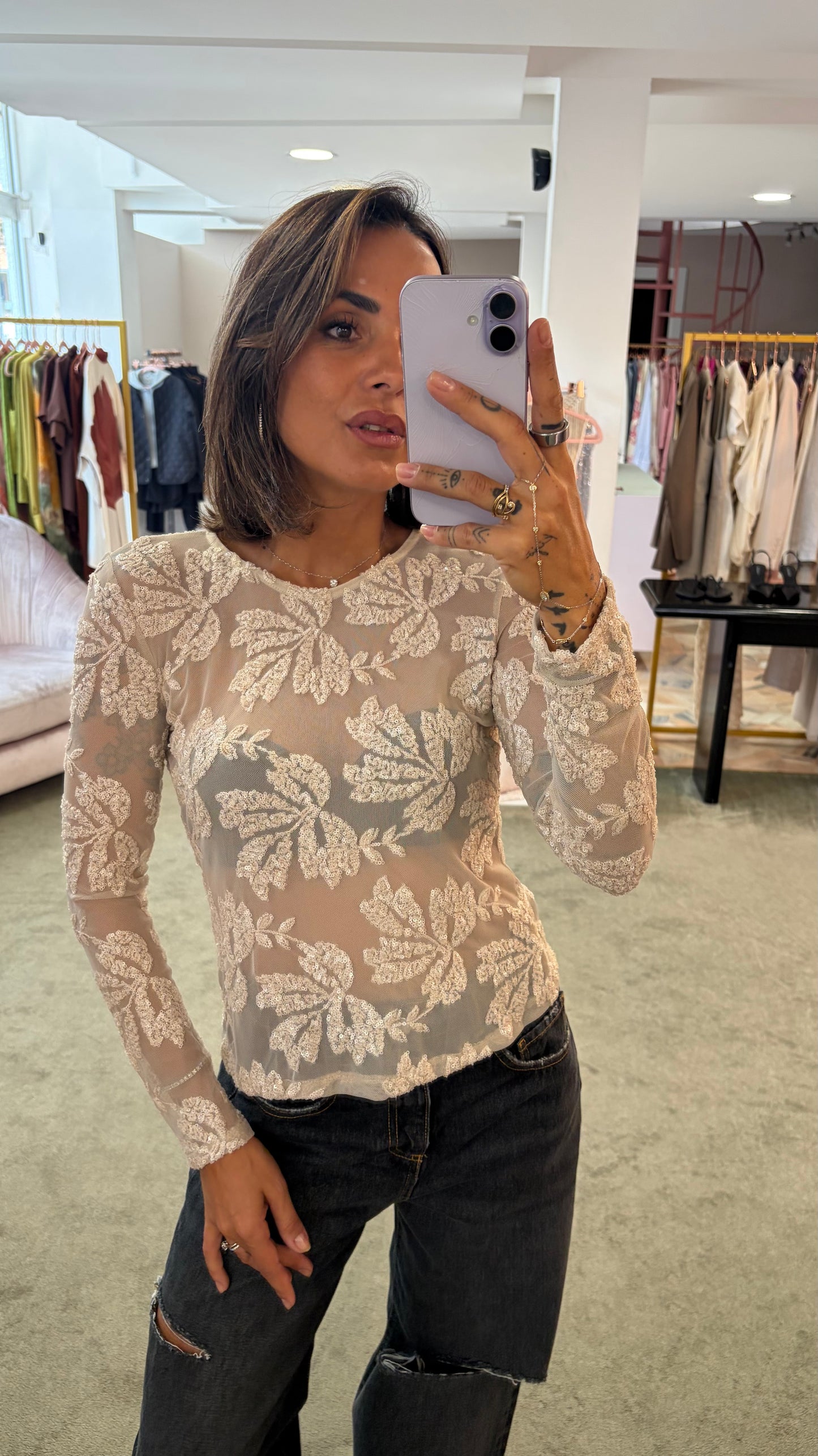 Maglia nude manica lunghe con ricami perline fr