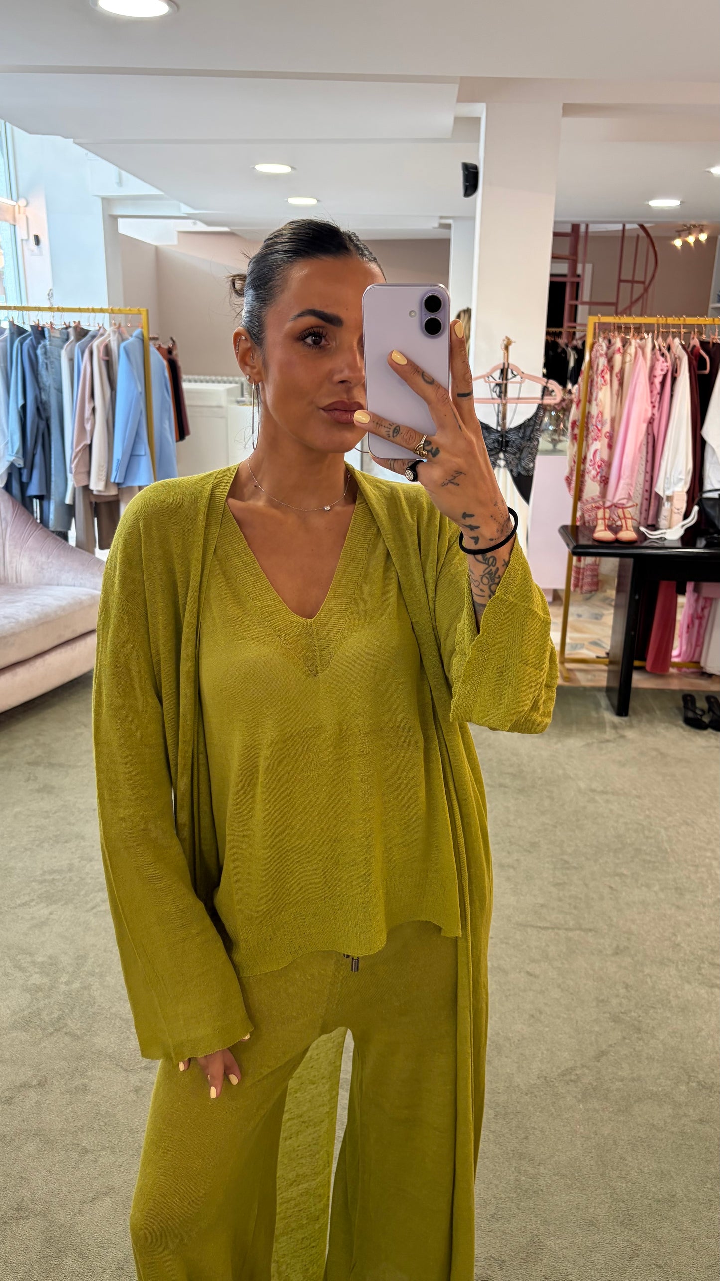Cardigan lungo verde pistacchio in lino fy