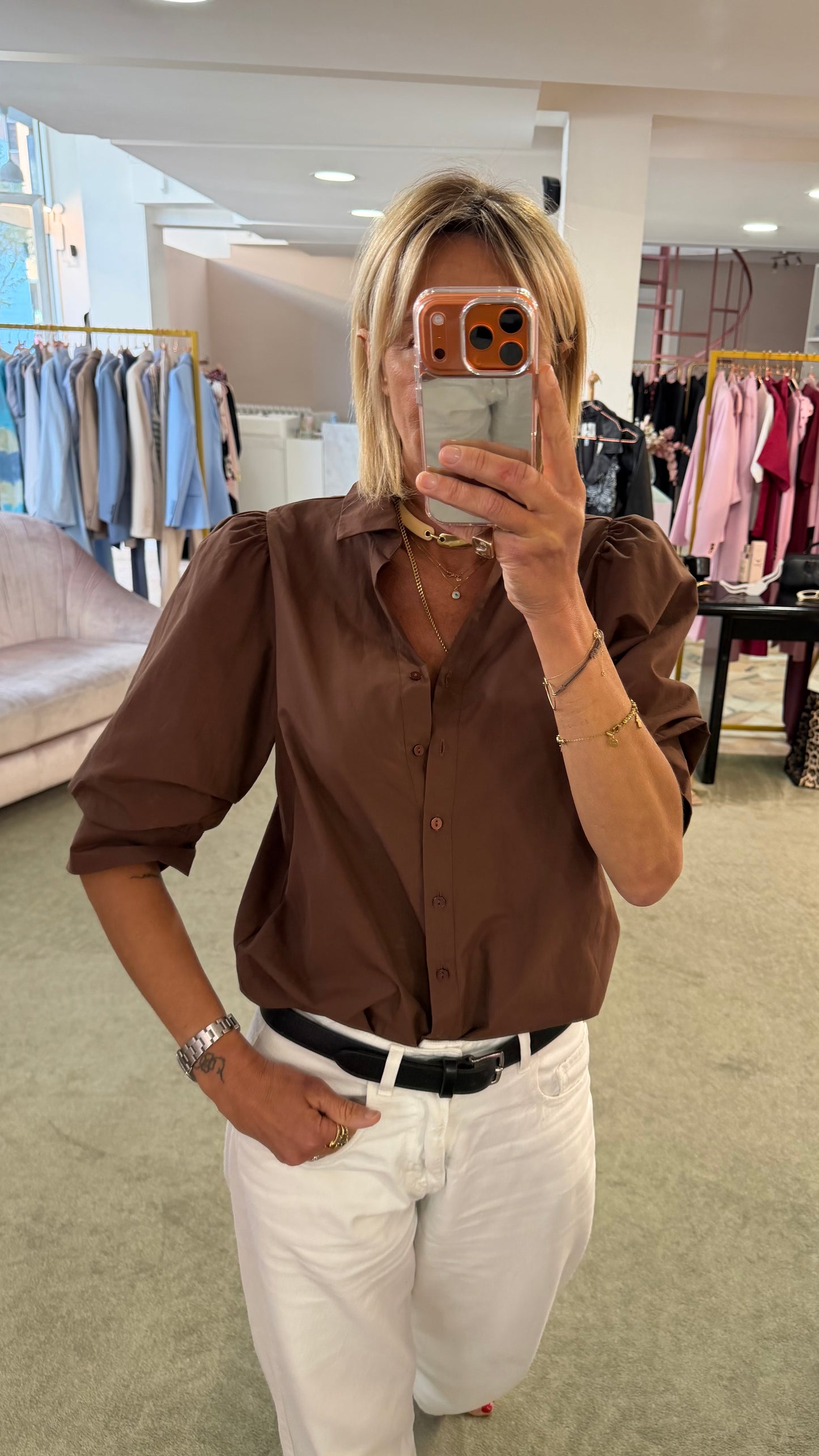 Camicia cioccolato manica a sbuffo 3/4 sy