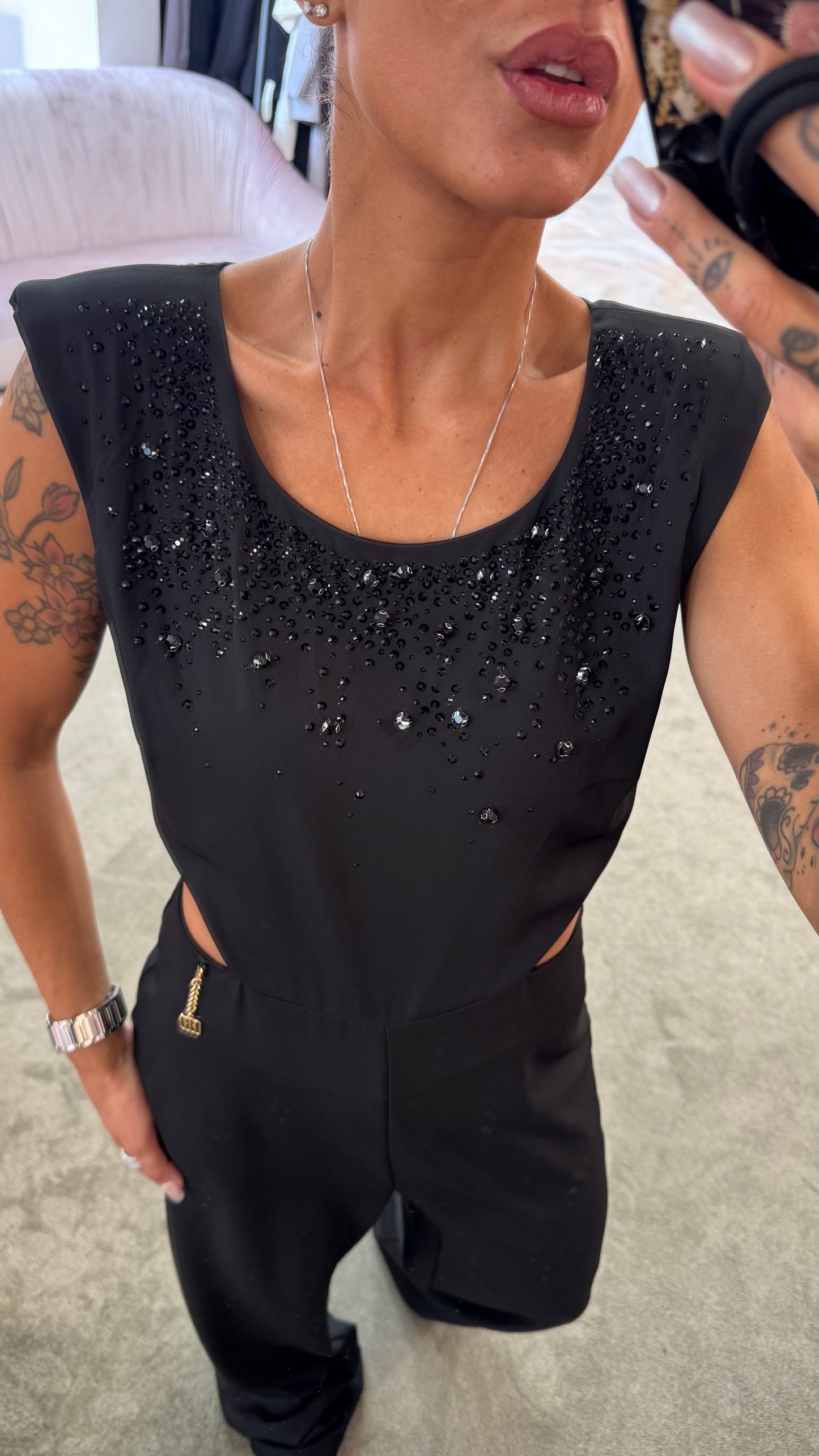 Jumpsuit nera con cristalli fr