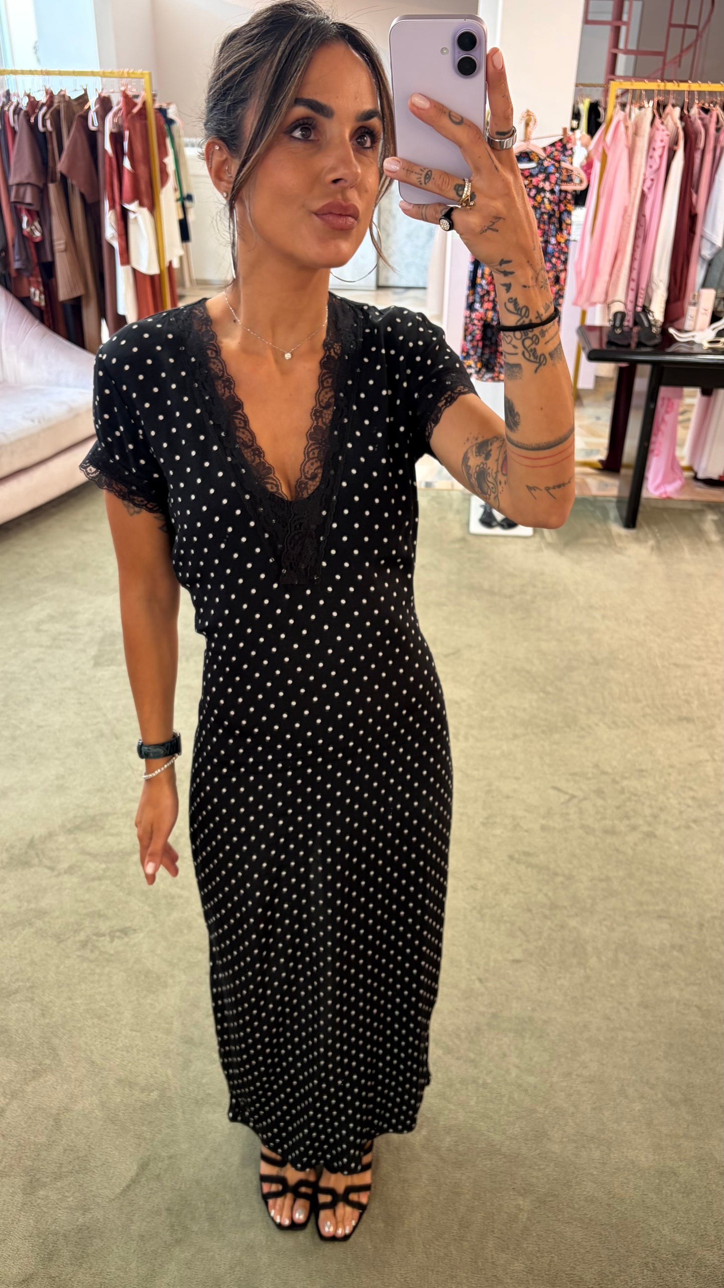 Abito raya midi MAR DE MARGARITAS nero a pois con pizzo
