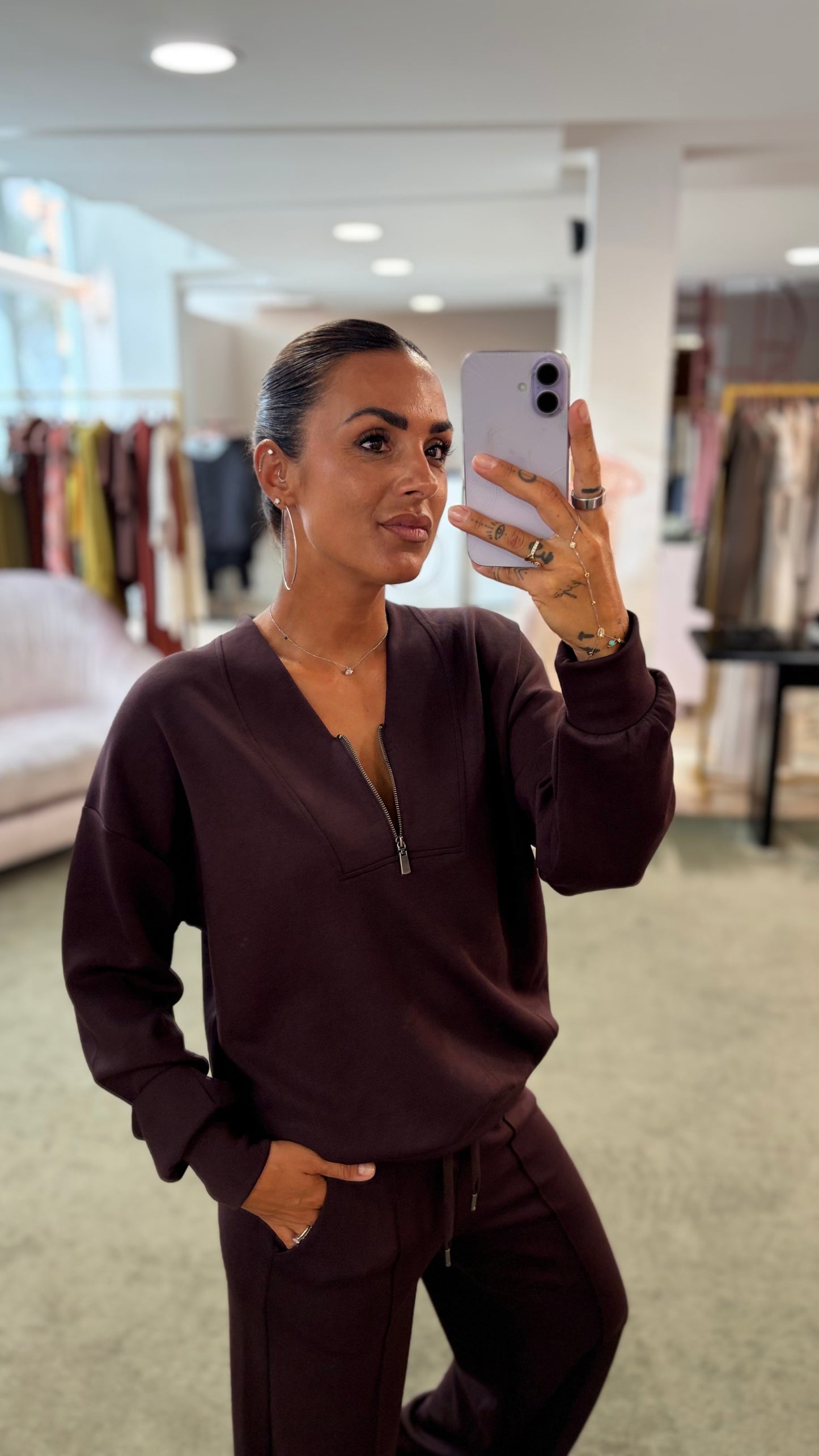 Felpa scollo a v con zip vinaccia bordeaux  in modal sy
