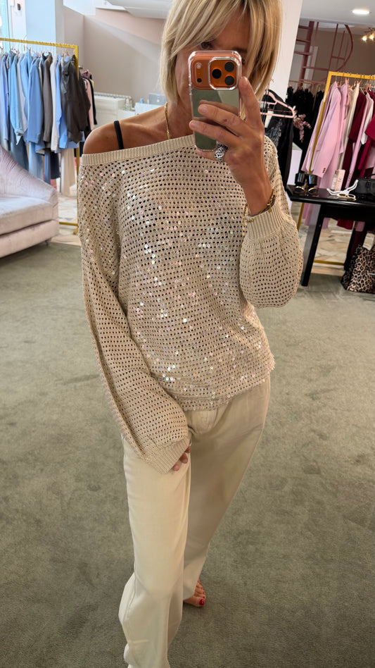 Maglia beige traforata con paillettes oversize fr