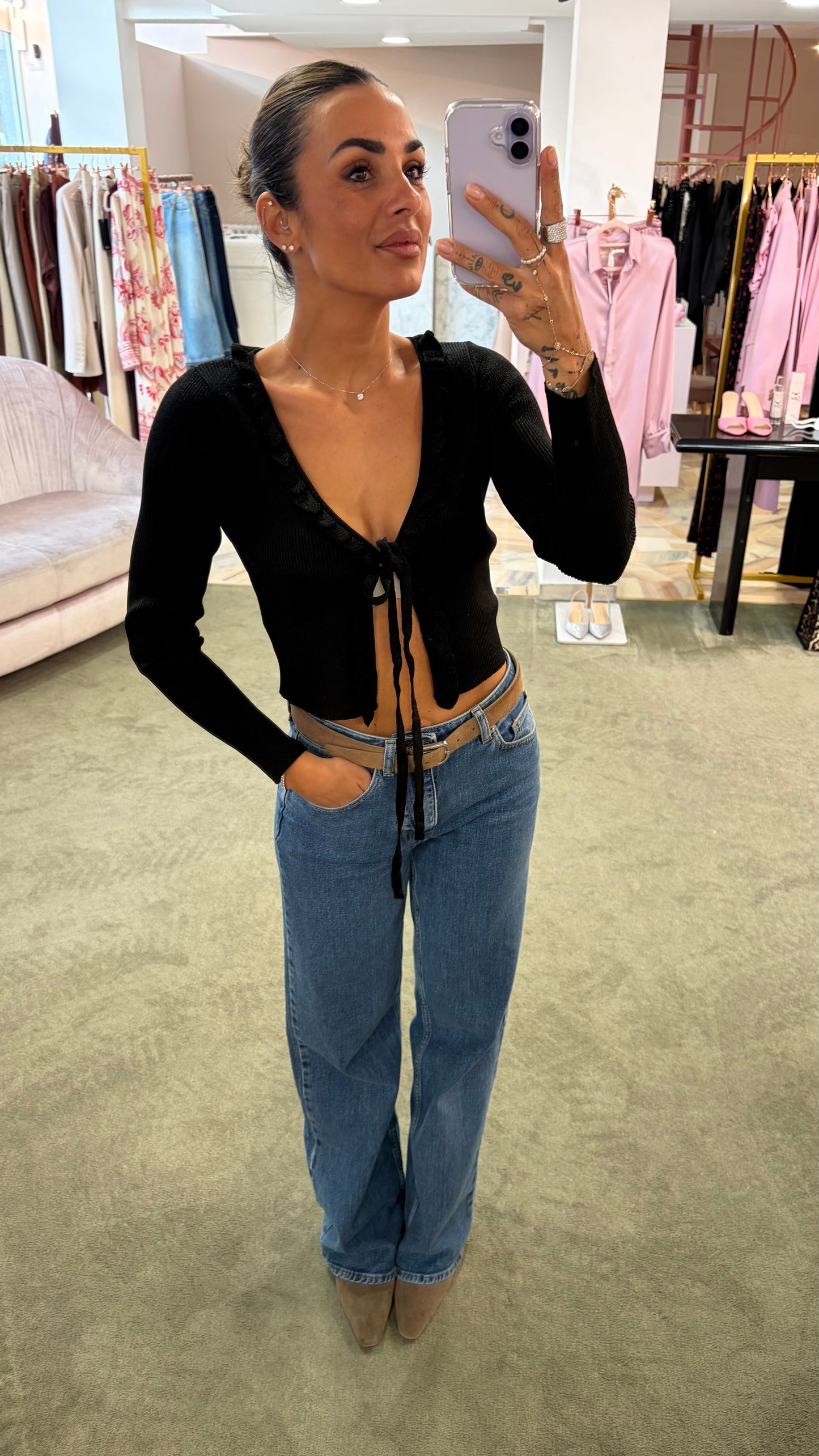 Cardigan crop nero lurex con rouges bj