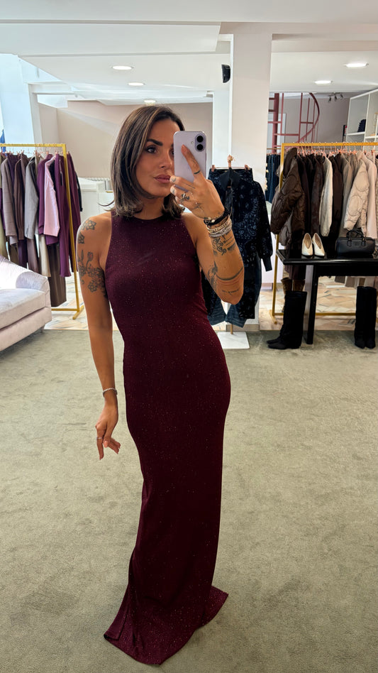 Abito lungo bordeaux lurex scollo all'americana ks