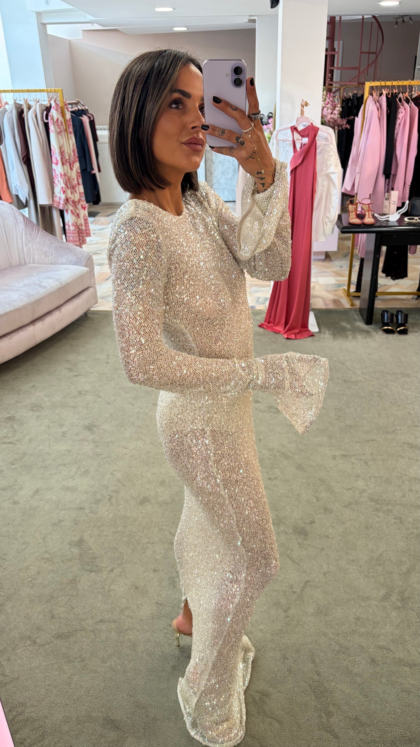 Abito manu40 lungo platino  paillettes tw