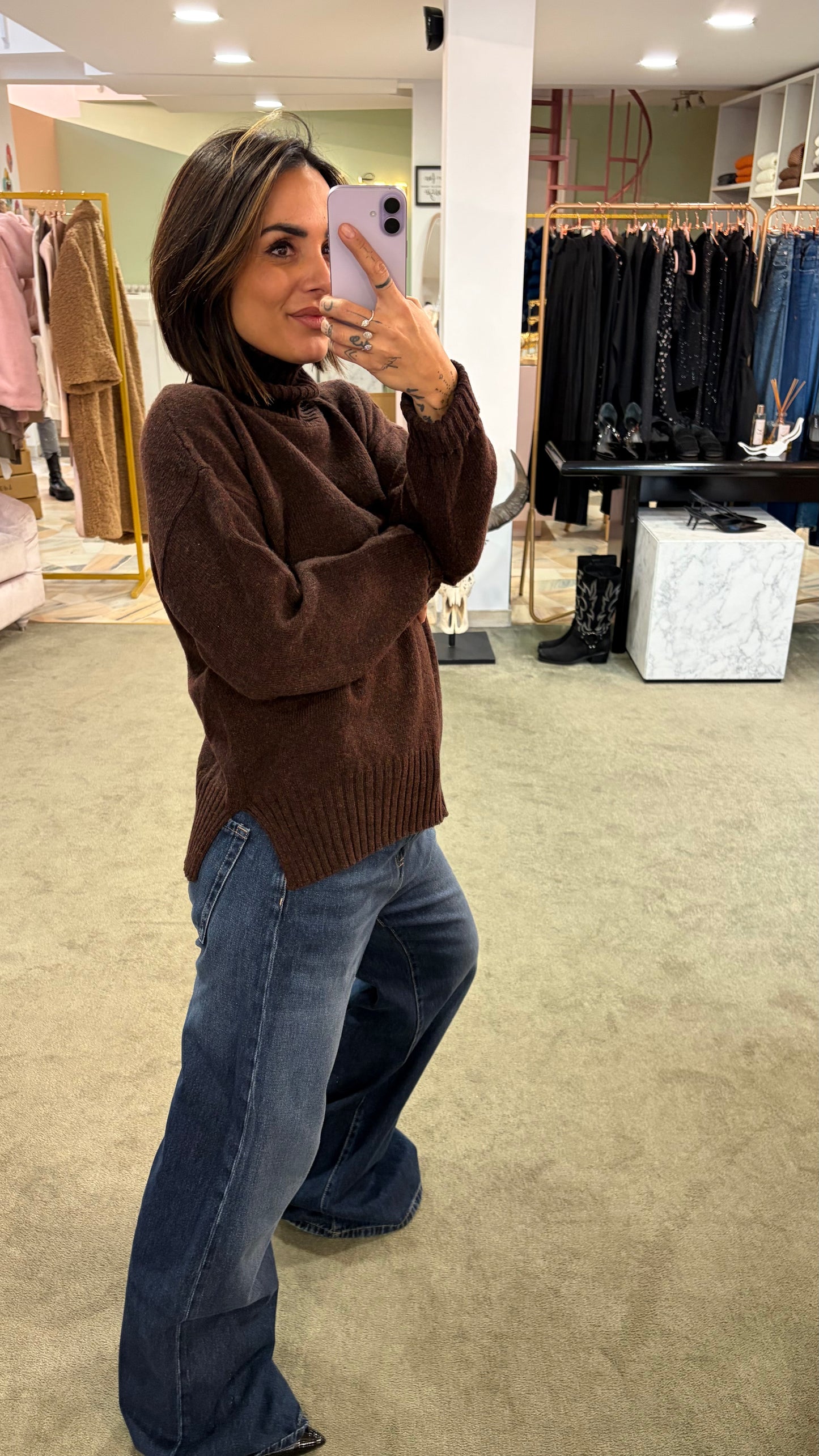 Dolcevita marrone melange a scatoletta in lana Irish