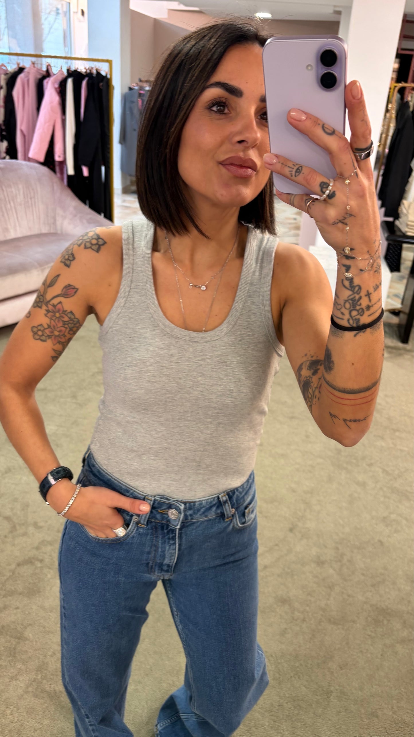 Canotta grigia melange a costine scollo tondo jx