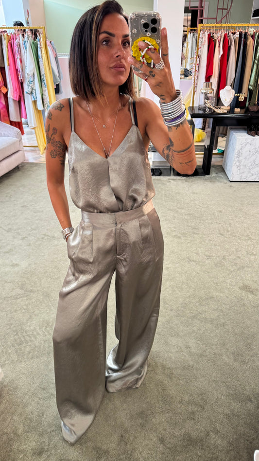 Pantaloni verde militare in satin wide leg sl