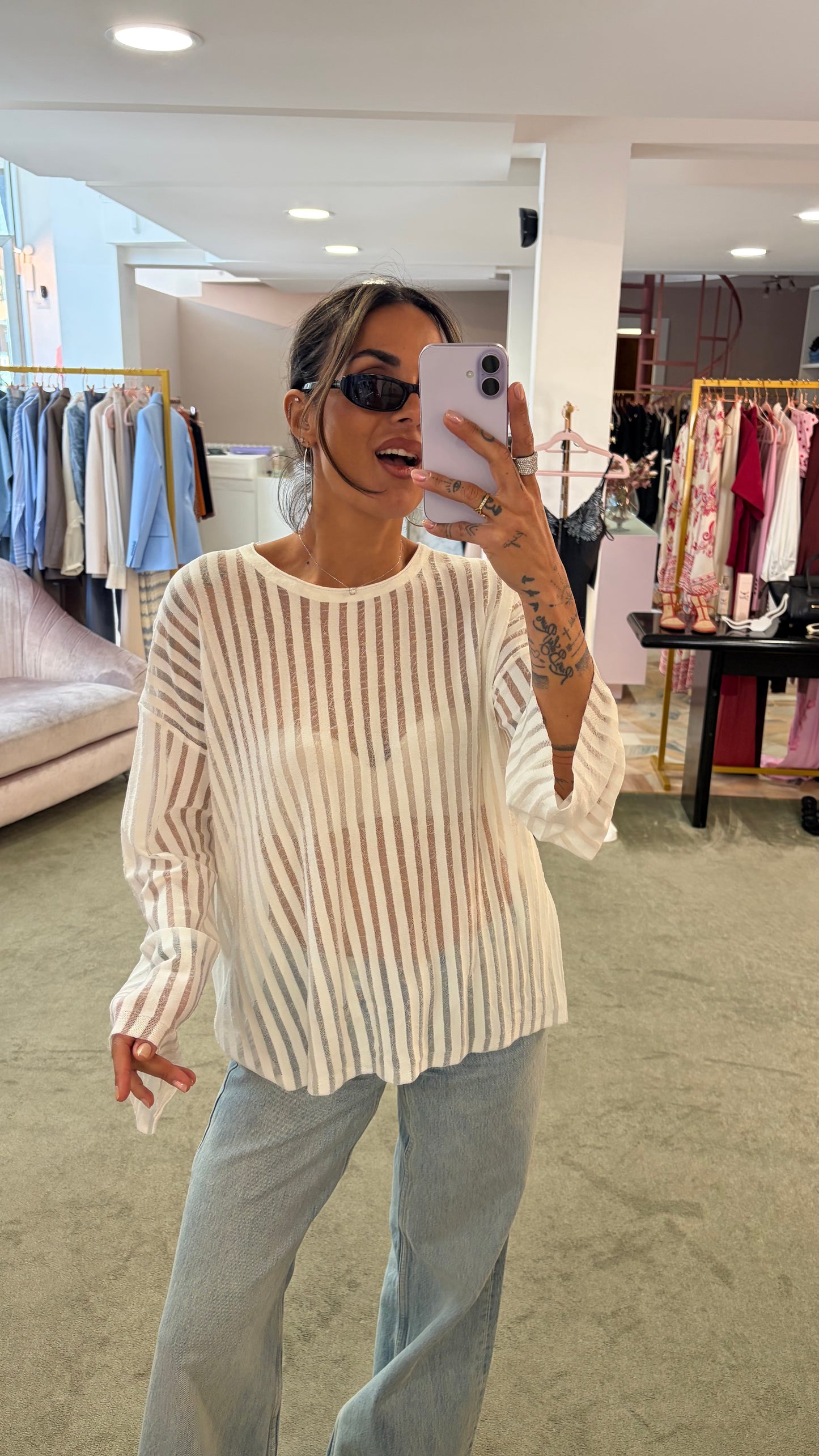 Maglia bianca maniche lunghe a righe trasparente bj