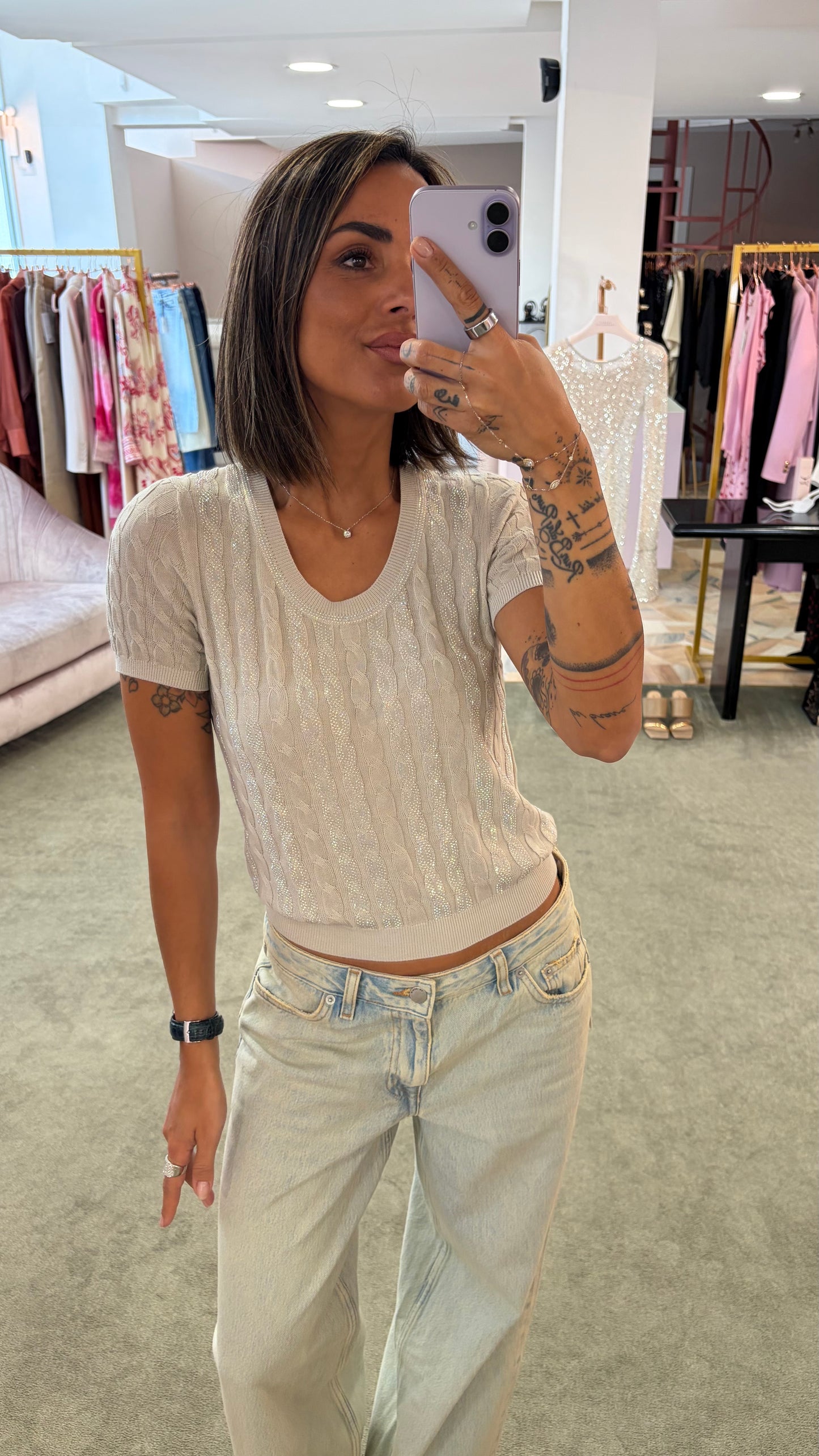 Maglia ghiaccio  manica corta a trecce crystal fr