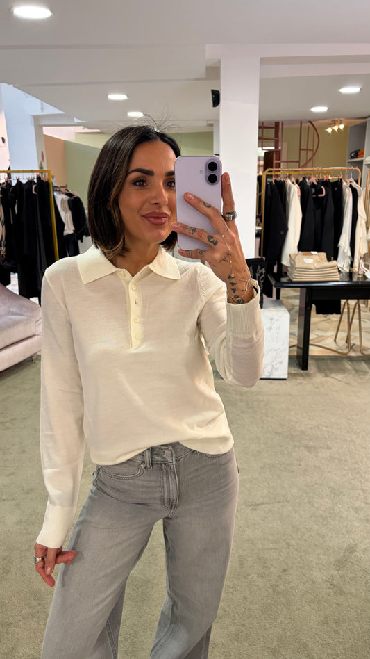 Polo bianco burro maniche lunghe in lana sl