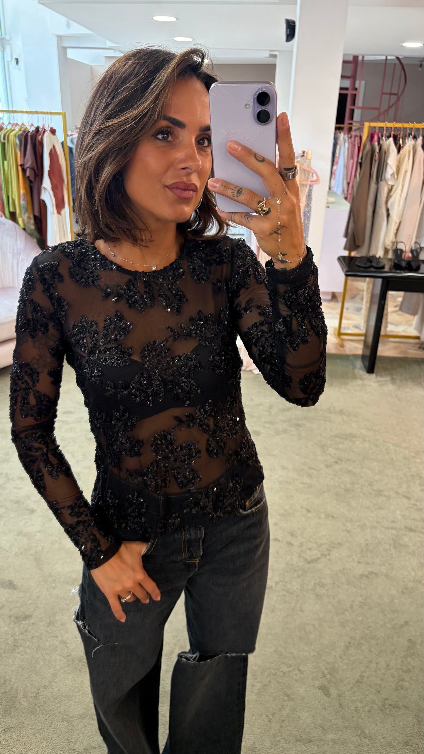 Maglia nera manica lunghe con ricami perline fr