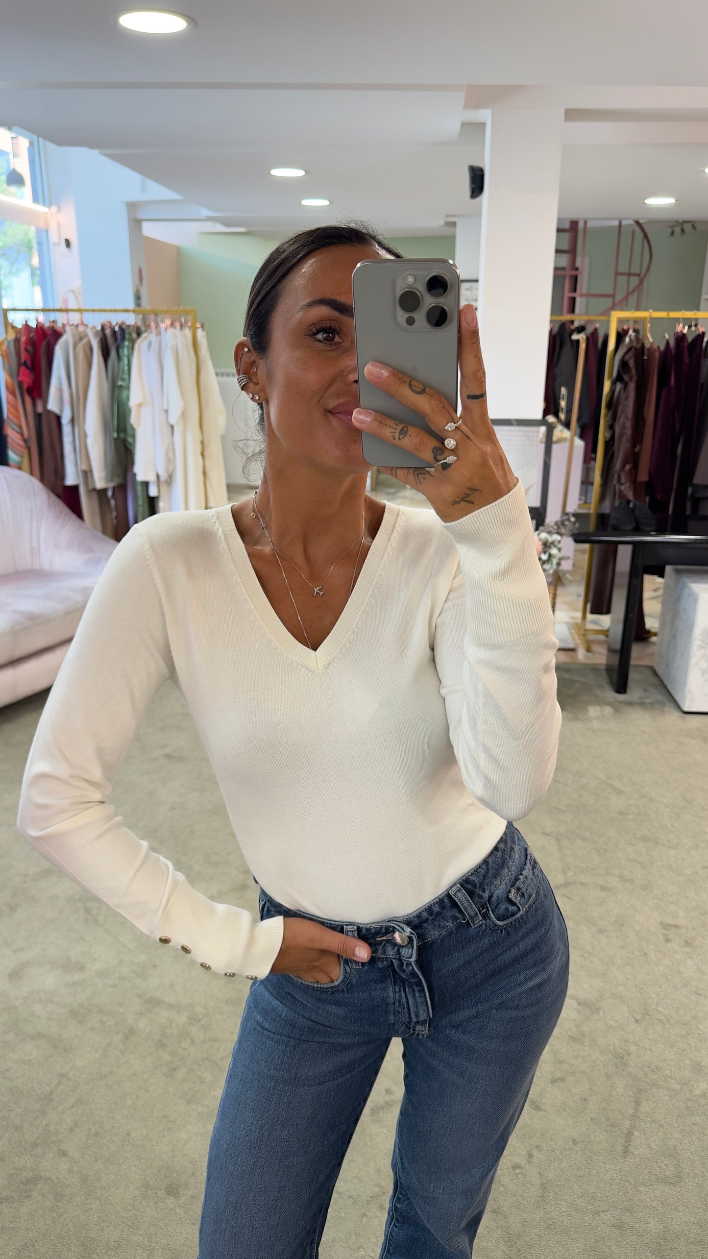 Maglione panna scollo a v in viscosa fr