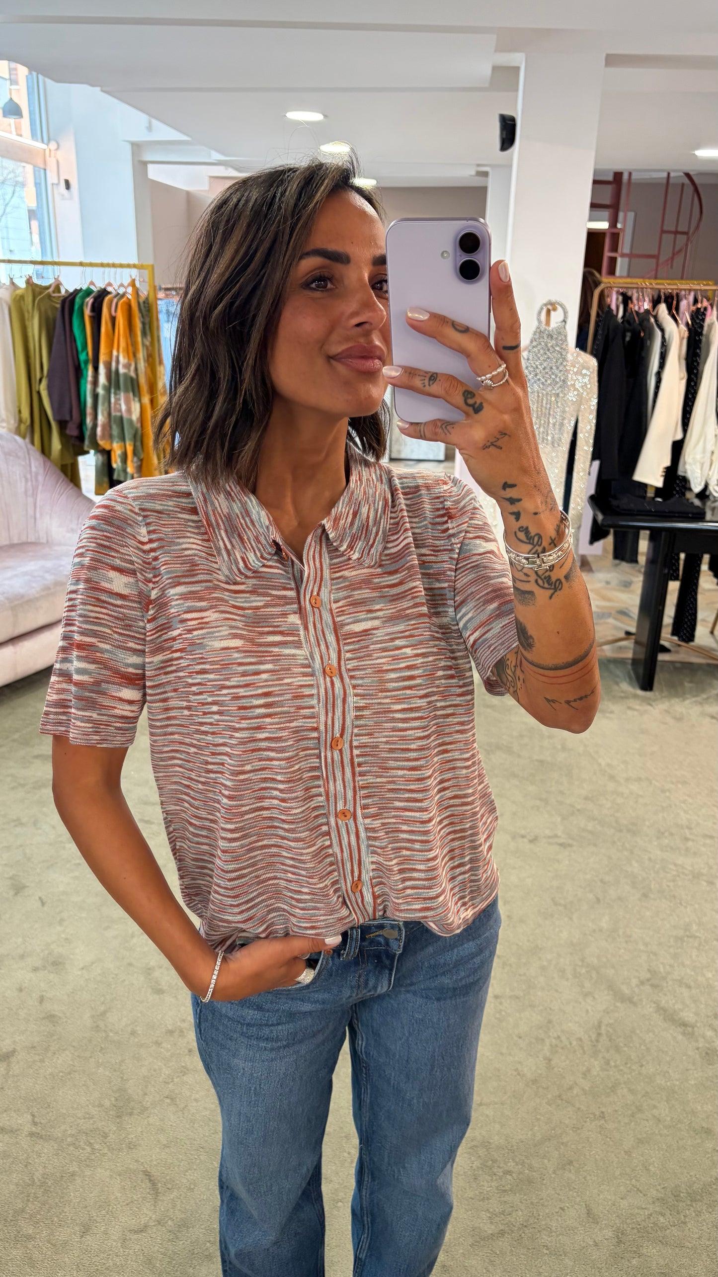 Polo camicia a righe multicolor con bottoncini apribili manica corta ay