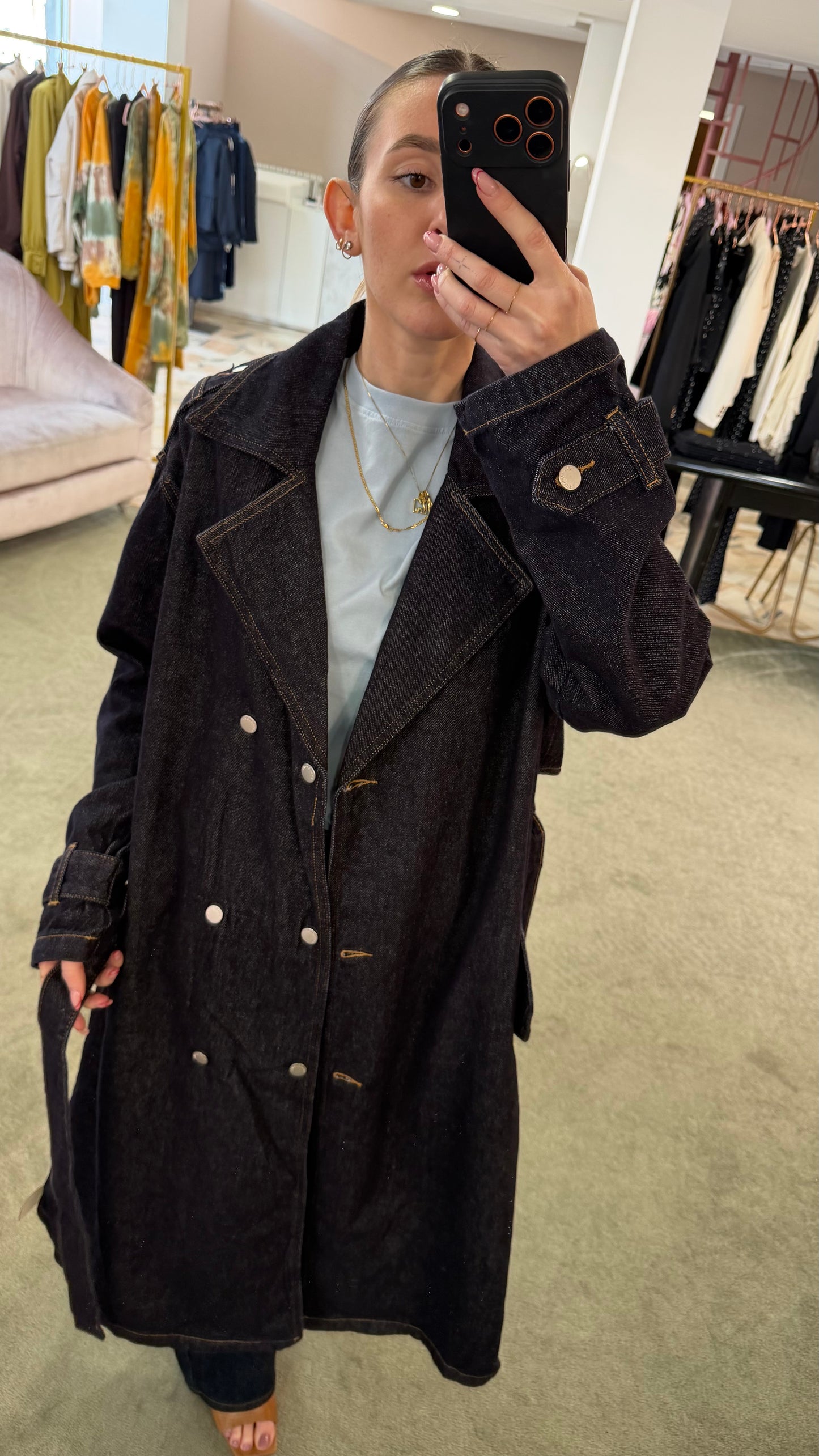 Trench lungo in jeans blu scuro gl