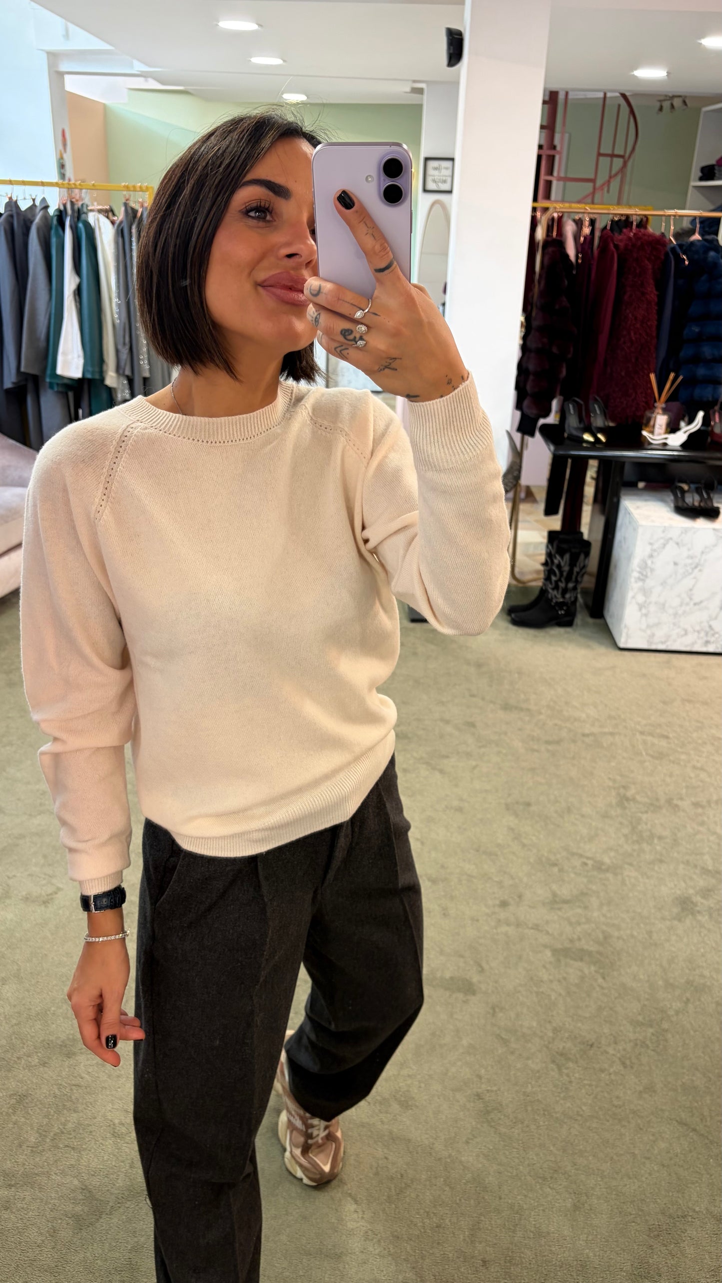 Maglione girocollo crema manica raglan fr