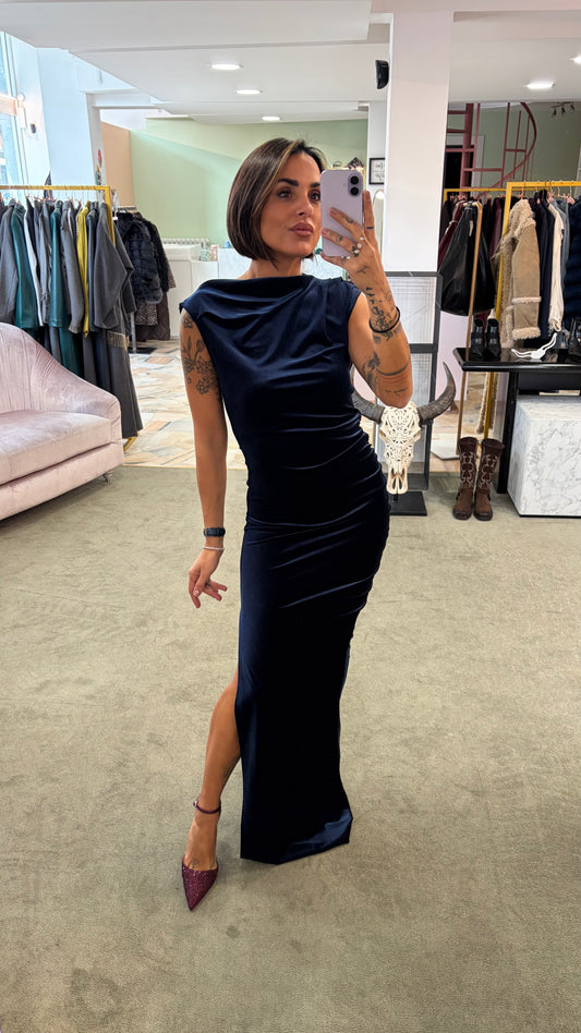 Abito lungo blu notte in velluto con spacco Don't@Me