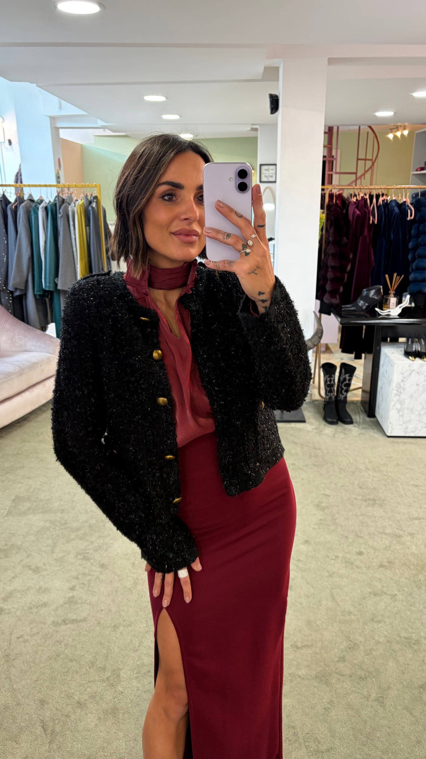 Maglione giacchetta nero in lurex con bottoni oro gl