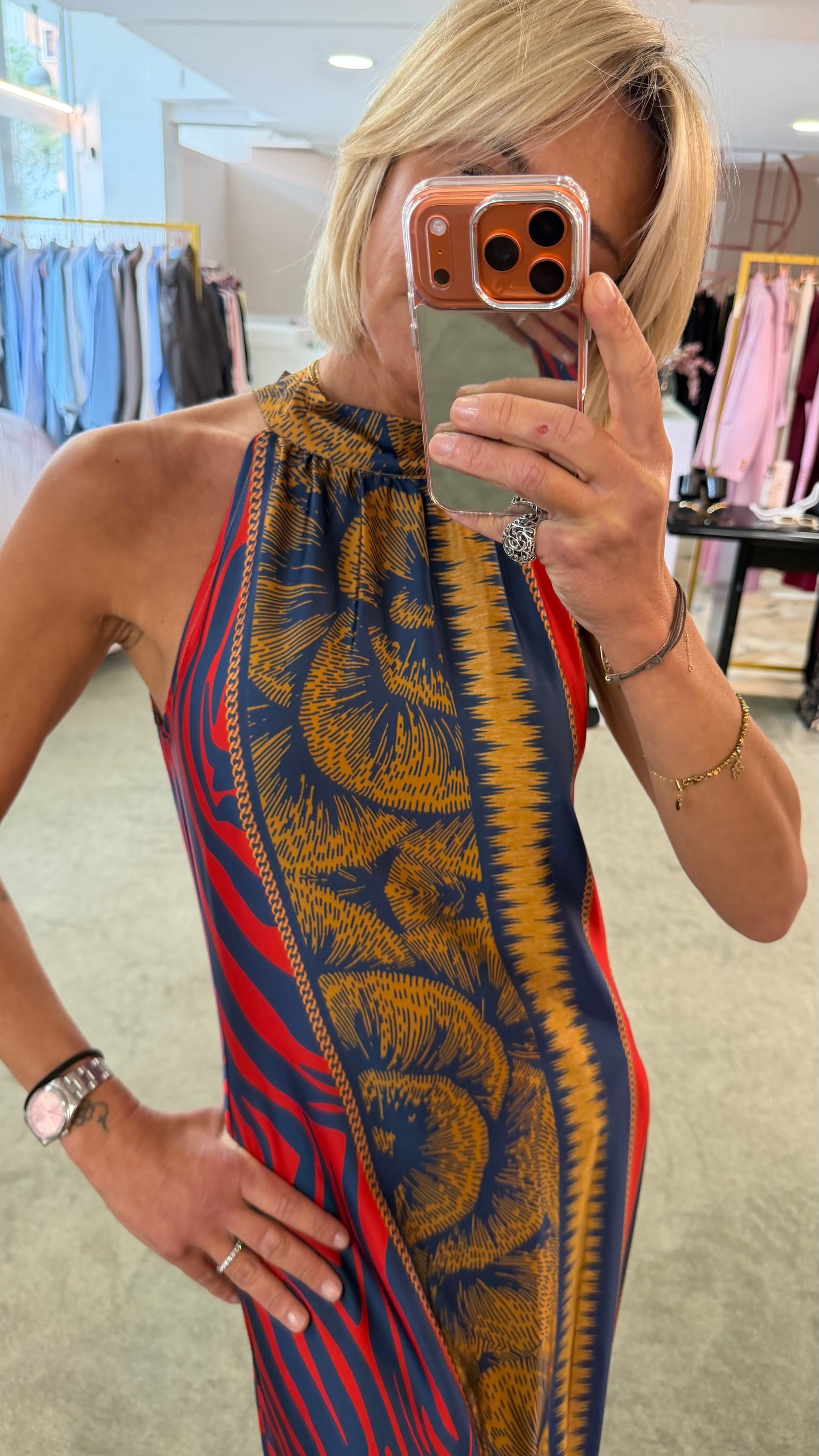 Abito lungo blu fantasia scollo all'americana ay