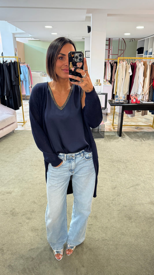 Cardigan lungo blu con tasche in lamè fr