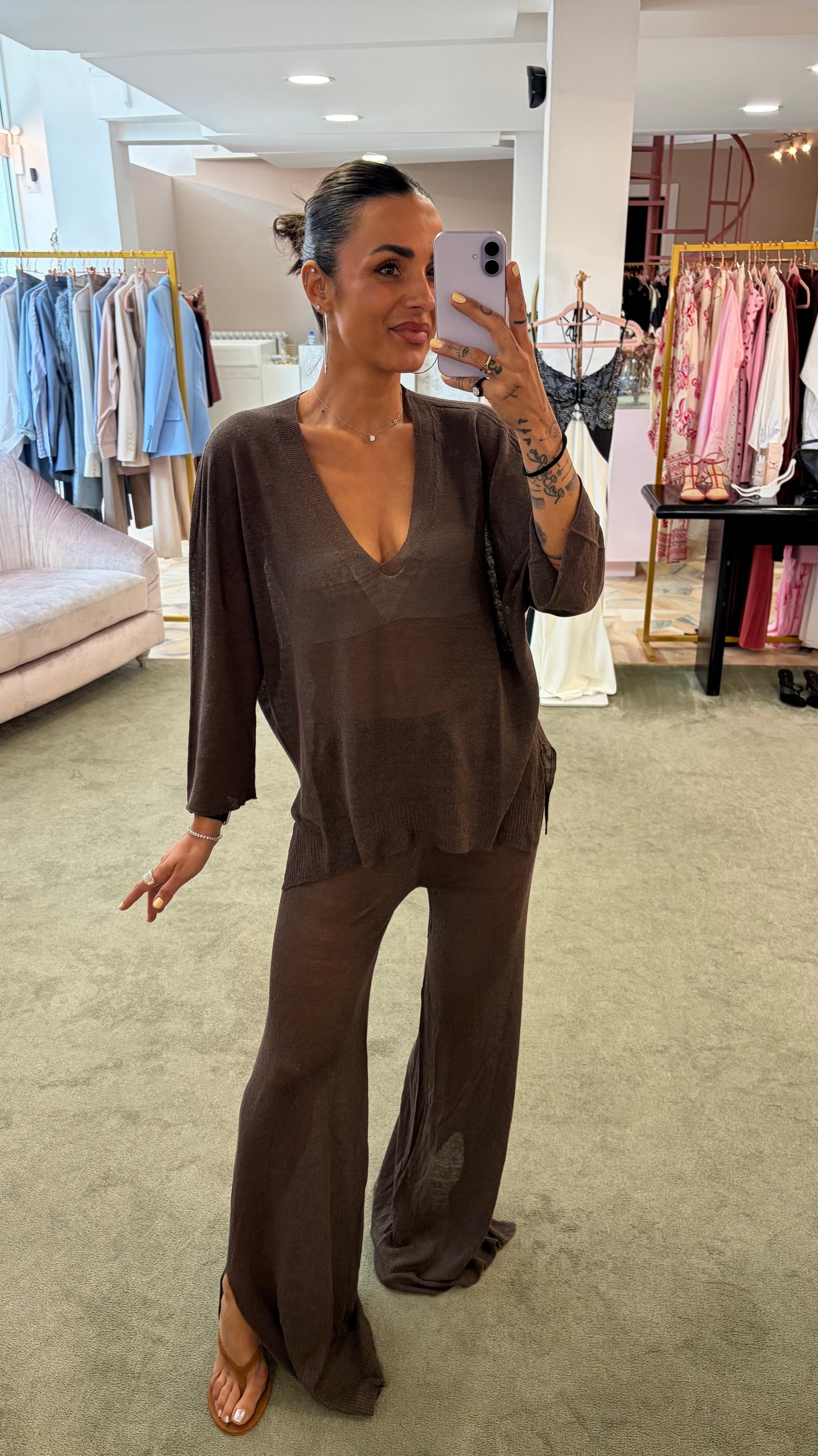Pantaloni marrone cacao in lino fy