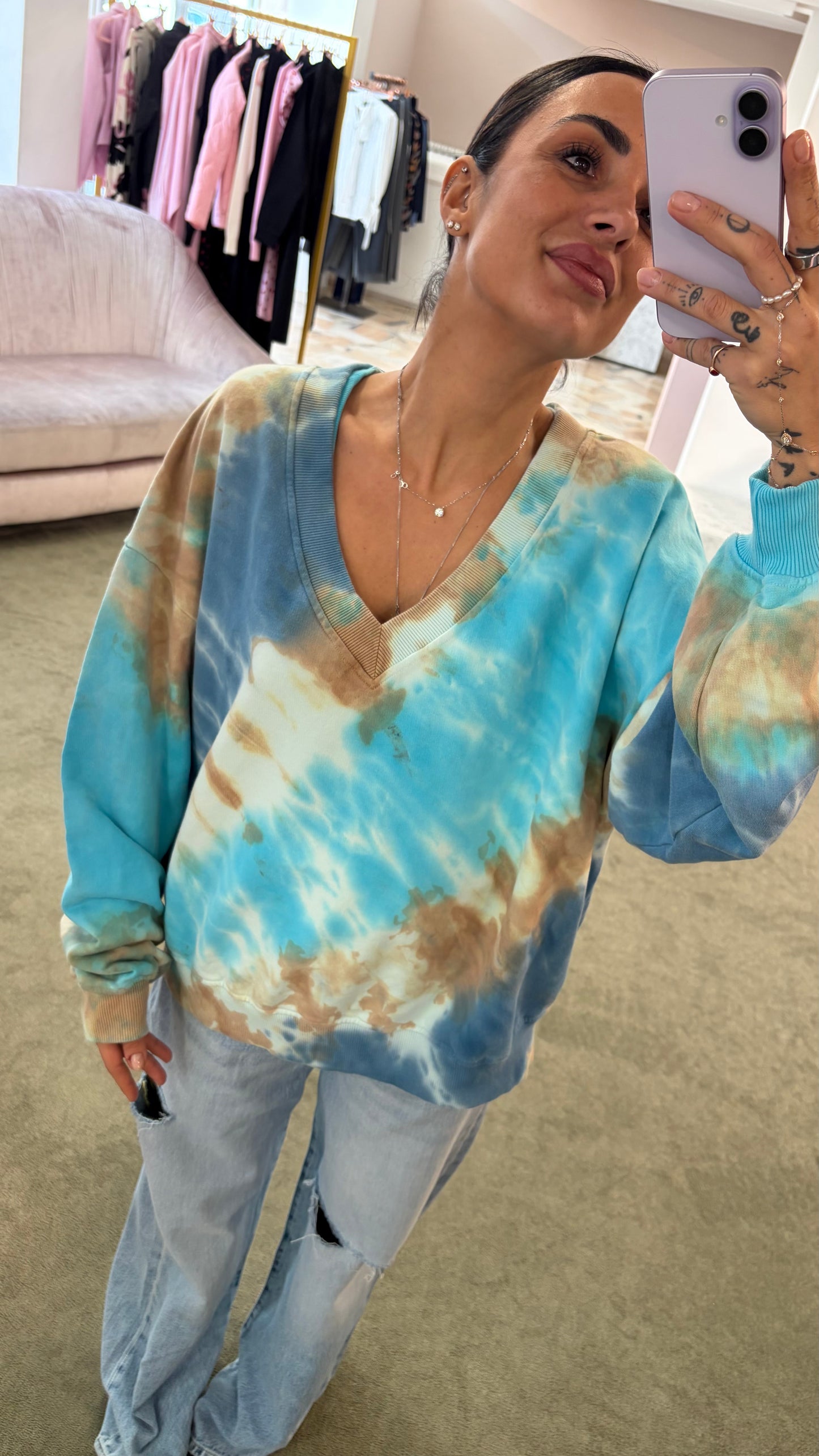 Felpa azzurra tie-dye scollo a v Don't@Me