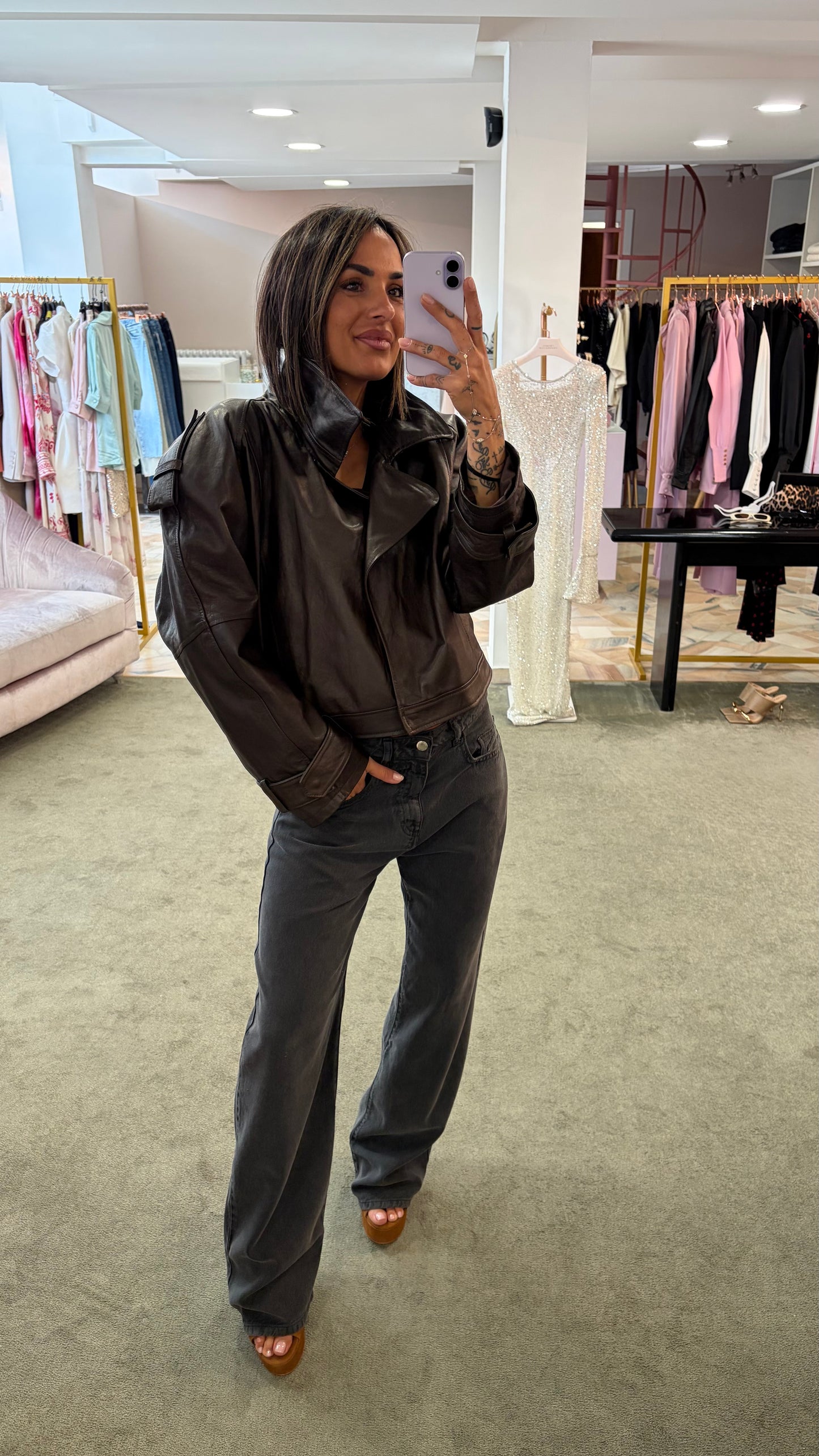 Giacca chiodo crop marrone in pelle vera Marsem